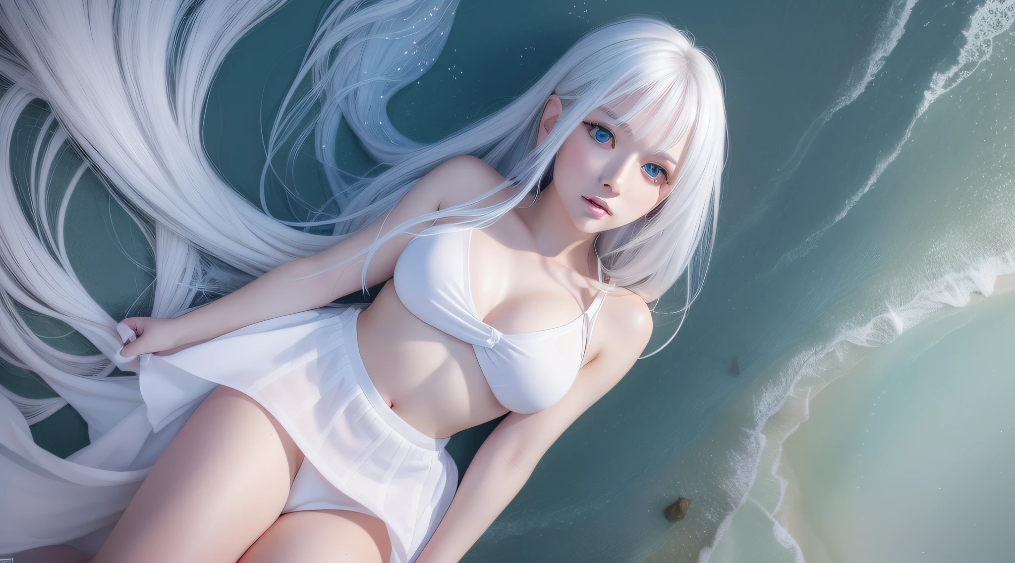 Super detailed CG Unity 8K wallpaper, floating, dynamic angle, blue eyes, (white hair, loose white shirt, short skirt: 1.3), elegant, lake water, fairy, pale skin, delicate makeup, clean skin, belly button, no panties, glossy legs, split legs, wide angle lens, watercolor, sunset, gorgeous and romantic.