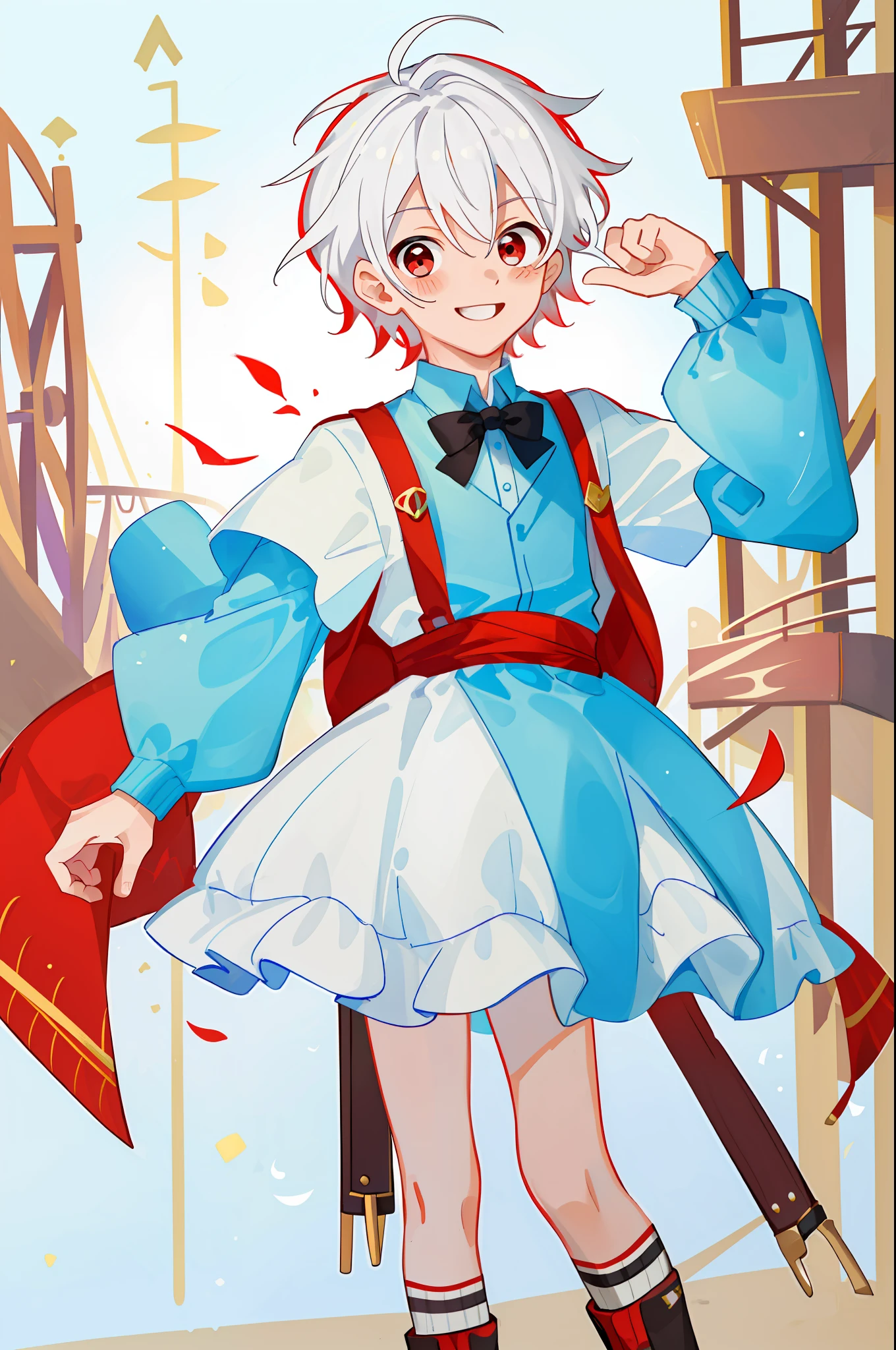 ((masterpiece)),(((best quality))), (high-quality, breathtaking),(expressive eyes, perfect face), 1boy, solo, male, short, young, small boy, short white hair, red eyes, smiling, blushing, cute outfit, short shorts, amusement park, sweet