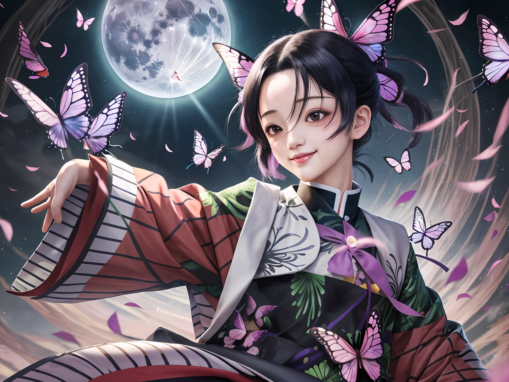 shinobu, Kimetsu no Yaiba manga, smile gently, play with butterflies, dynamic angle shot, ultra detailed, hyper realistic, glittering, moon light