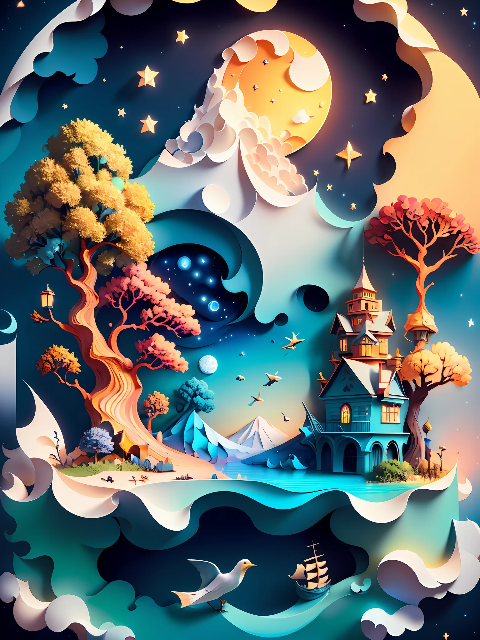 (((masterpiece))),best quality, illustration,  sky, cloud, water, star \(symbol\), tree, no humans, night, bird, moon, building, star \(sky\), night sky, scenery, starry sky, watercraft, castle, ship, waves, tower, boat. vibrant color scheme, Soft light,(warm color:1.2),Water color painting, light background, best quality exquisite details,3d rendering,Octane render, pastel, paper_cut