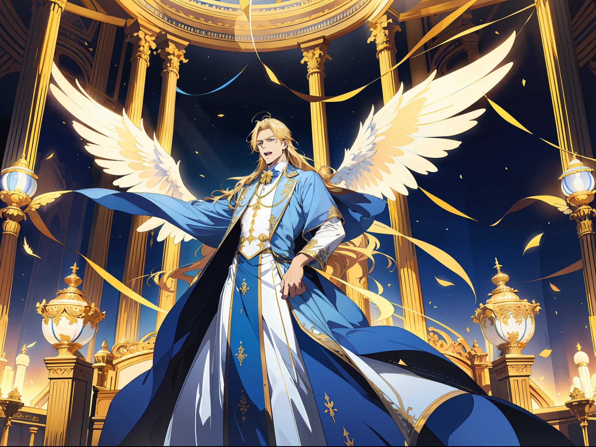 (Absurd, high resolution), (panorama) (1 male), middle-aged, long blonde hair, blue and white dress, golden decoration, (tall), serious, surprised, open mouth, 3 pairs of huge wings, broad arms, angels descend, palace, powerful, majestic, intense luster, white-gold dress, exquisite clothes, streamers, golden magic around the whole body, behind