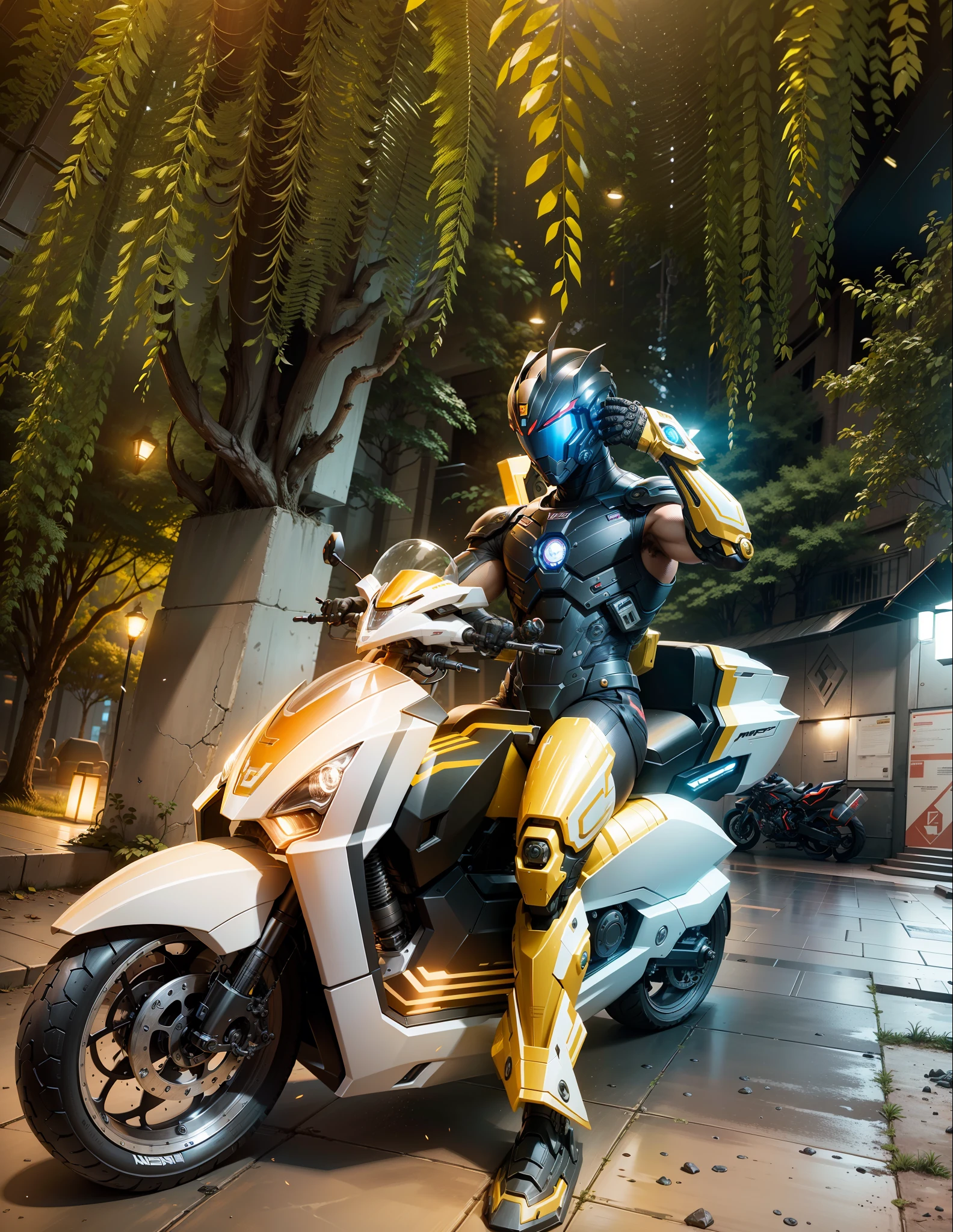 Cyber Warrior & Cybertech Mechanical Motorcycle, Mighty Male Warrior, Nousr, Biomechanics, MSHN Robot Man, Cybertech Full Surround Helmet, Surreal, Steel, Intricate Design, Crazy Detail, Fine Detail, Extremely Clear Lines, Cinematic Lighting, Photo Realistic, Detailed Masterpiece