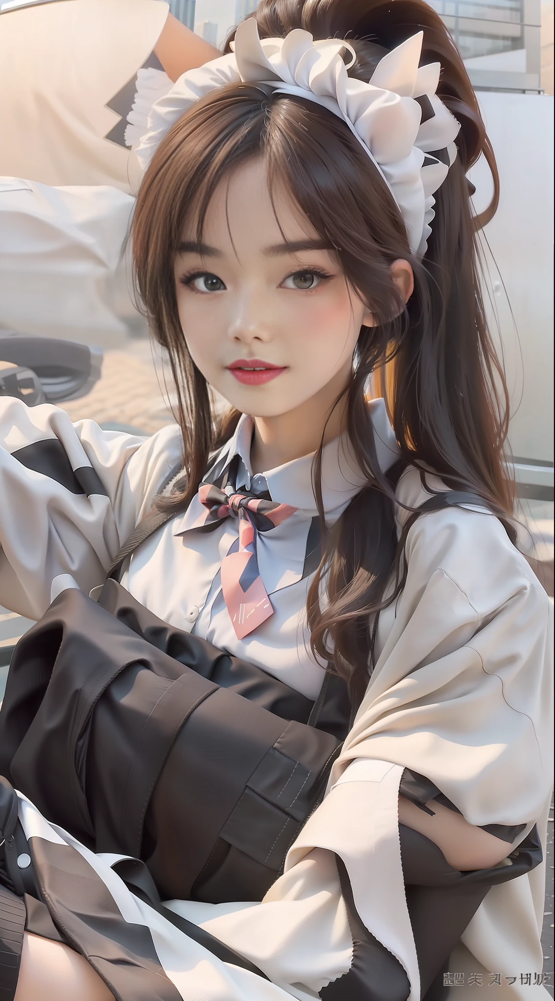 Best quality, full body portrait, delicate face, beautiful face, 25 years old woman, slim body, small bust, OL uniform, office clothes, black stockings, outdoor scene, sitting double eyelids, long hair,