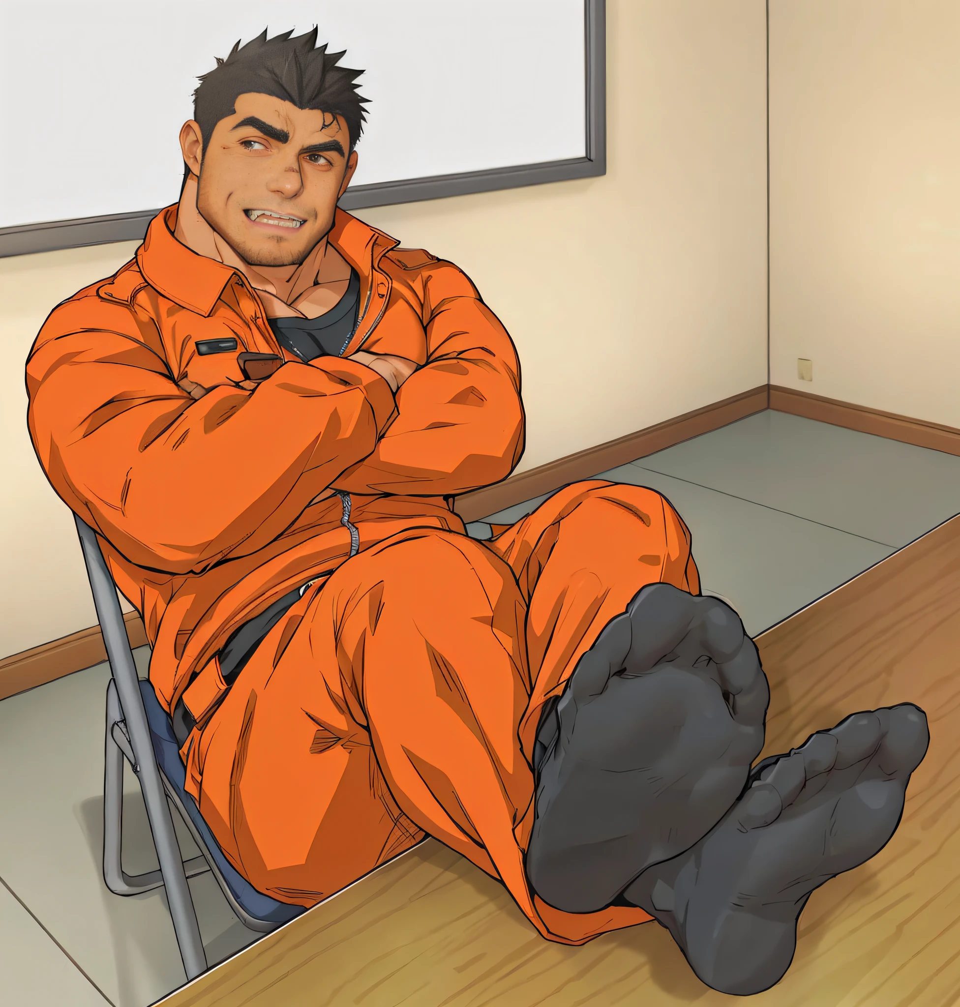Sitting in a chair, showing his big feet, a strong man, muscular, taking off his pants, wearing a black loose shirt, unbuttoned coat, pixiv high rating, bad, only black panties, raised crotch, 1boy, uncle, short beard, toned pose, black hair, red eyes, thick big muscles, muscular super high resolution, ray tracing, volumetric light and shadow, super high resolution, rich background