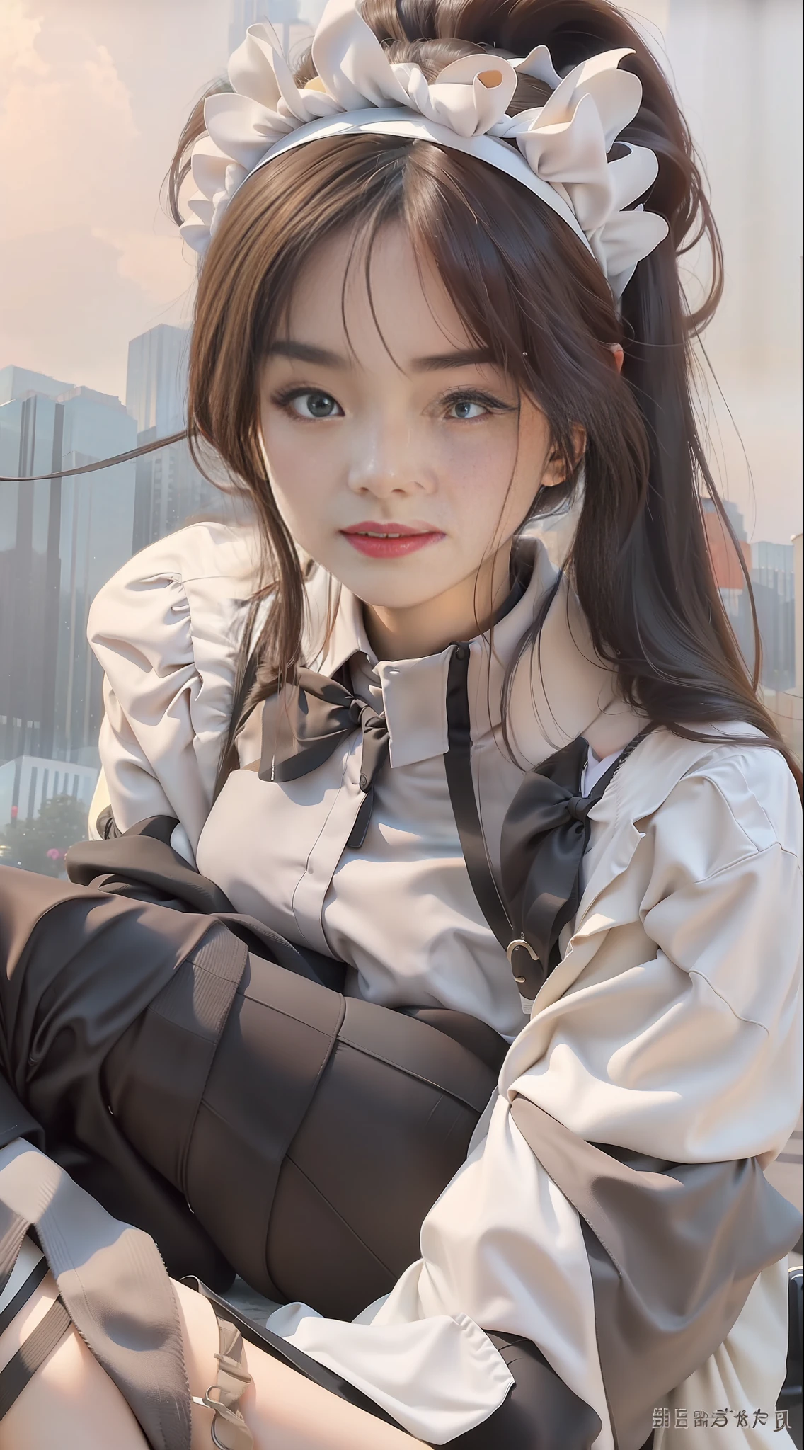 Best quality, full body portrait, delicate face, beautiful face, 25 years old woman, slim body, small bust, OL uniform, office clothes, black stockings, outdoor scene, sitting double eyelids, long hair,