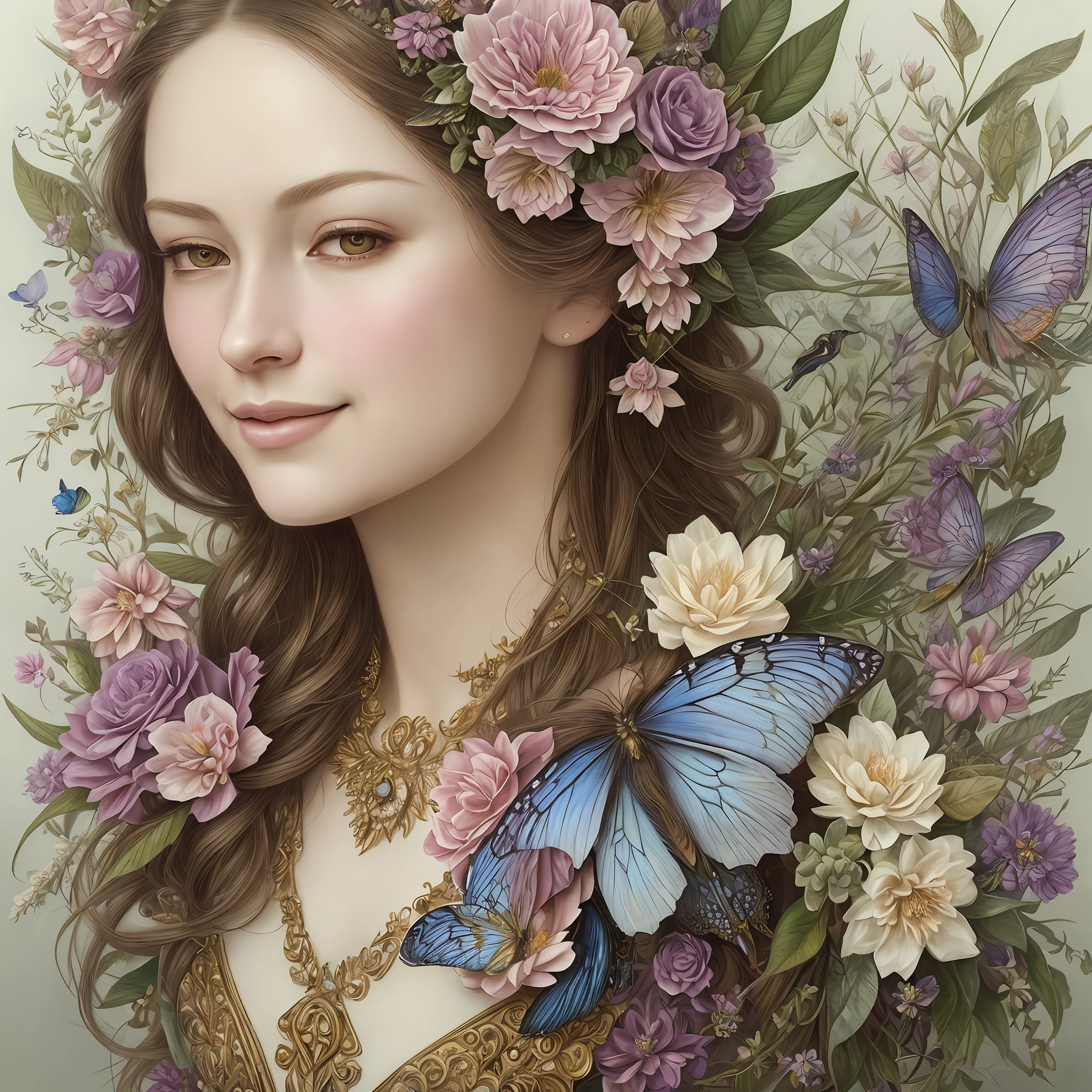 A botanical masterpiece in the style of Marco Mazzoni, detailed, hyper-realistic, elemets of symbolism and surrealism, intricate design, insanely beautiful woman, flowers, birds, diamonds, butterflies, pastel, golden details, looking at the viewer, looking straight to the camera, mysteriously smiling.