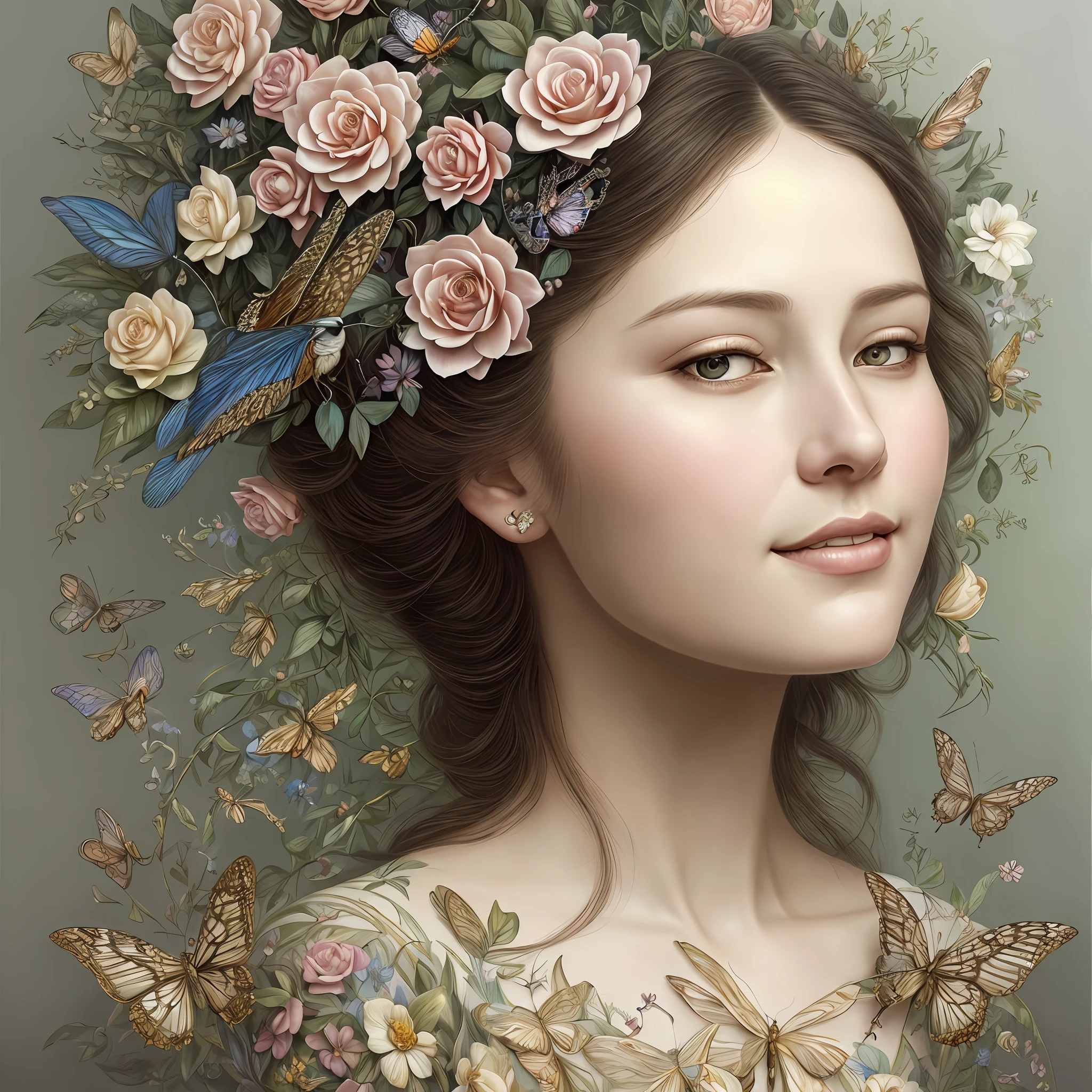 A botanical masterpiece in the style of Marco Mazzoni, detailed, hyper-realistic, elemets of symbolism and surrealism, intricate design, insanely beautiful woman, flowers, birds, diamonds, butterflies, pastel, golden details, looking at the viewer, looking straight to the camera, mysteriously smiling.