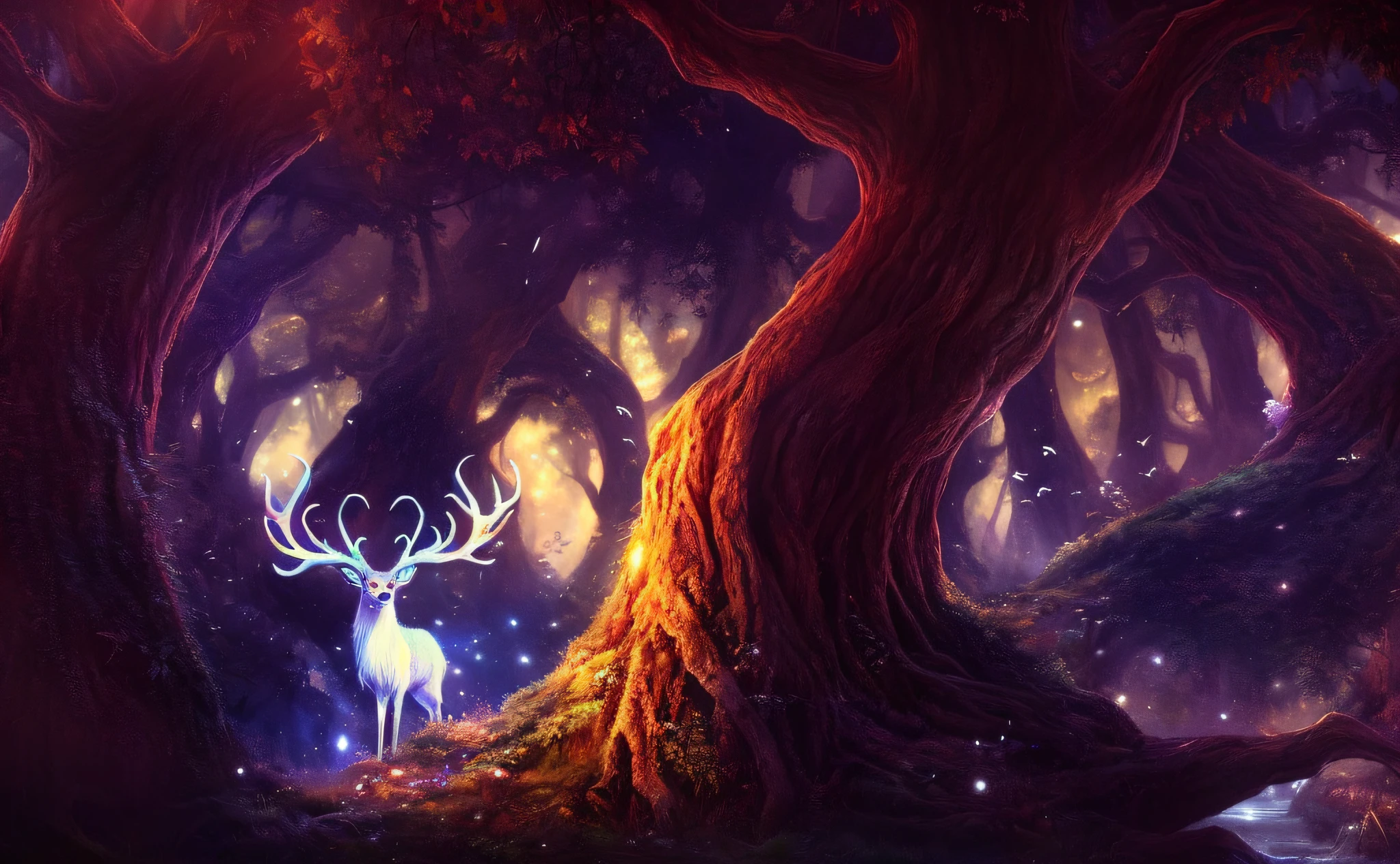 there is a deer standing in the middle of a forest, magical forest backround, background artwork, enchanted magical fantasy forest, digital 2d fantasy art, magical fantasy forest, fantasy forest, digital art fantasy, fantasy forest background, magical forest background, digital art fantasy art, detailed fantasy digital art, fantasy digital art, magical background, 4k highly detailed digital art