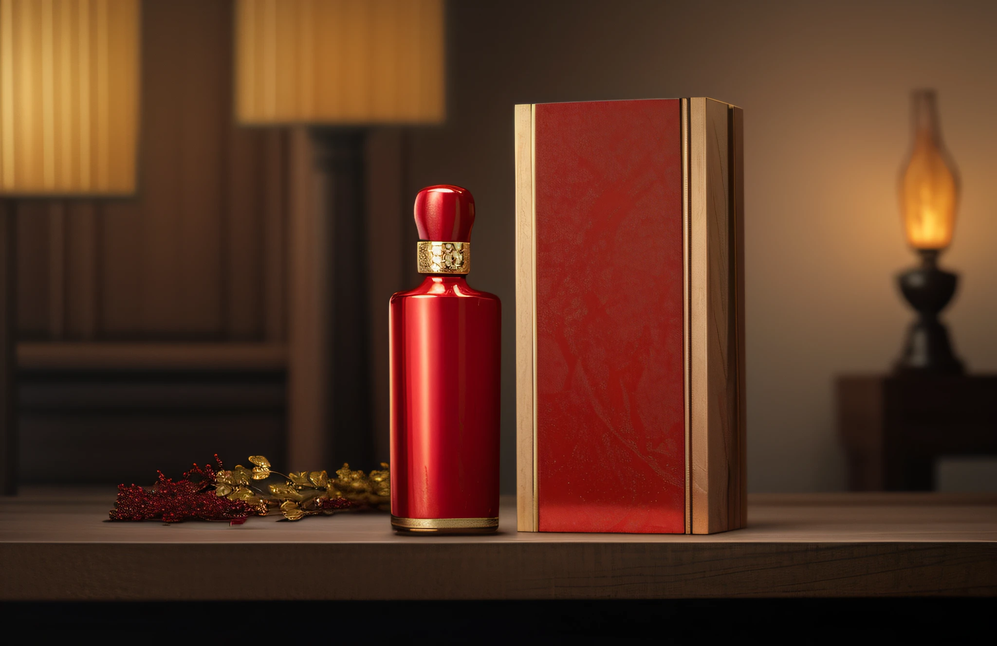 On the red carved table, the glossy lacquer shimmering with modern and vintage texture creates a sophisticated and comfortable environment. The red perfume bottle and fancy whiskey bottle with a hint of Shenquan aroma are at the mouth of the bottle, and the combination of red and gold can be seen in the details, which further highlights the high quality and artistry.