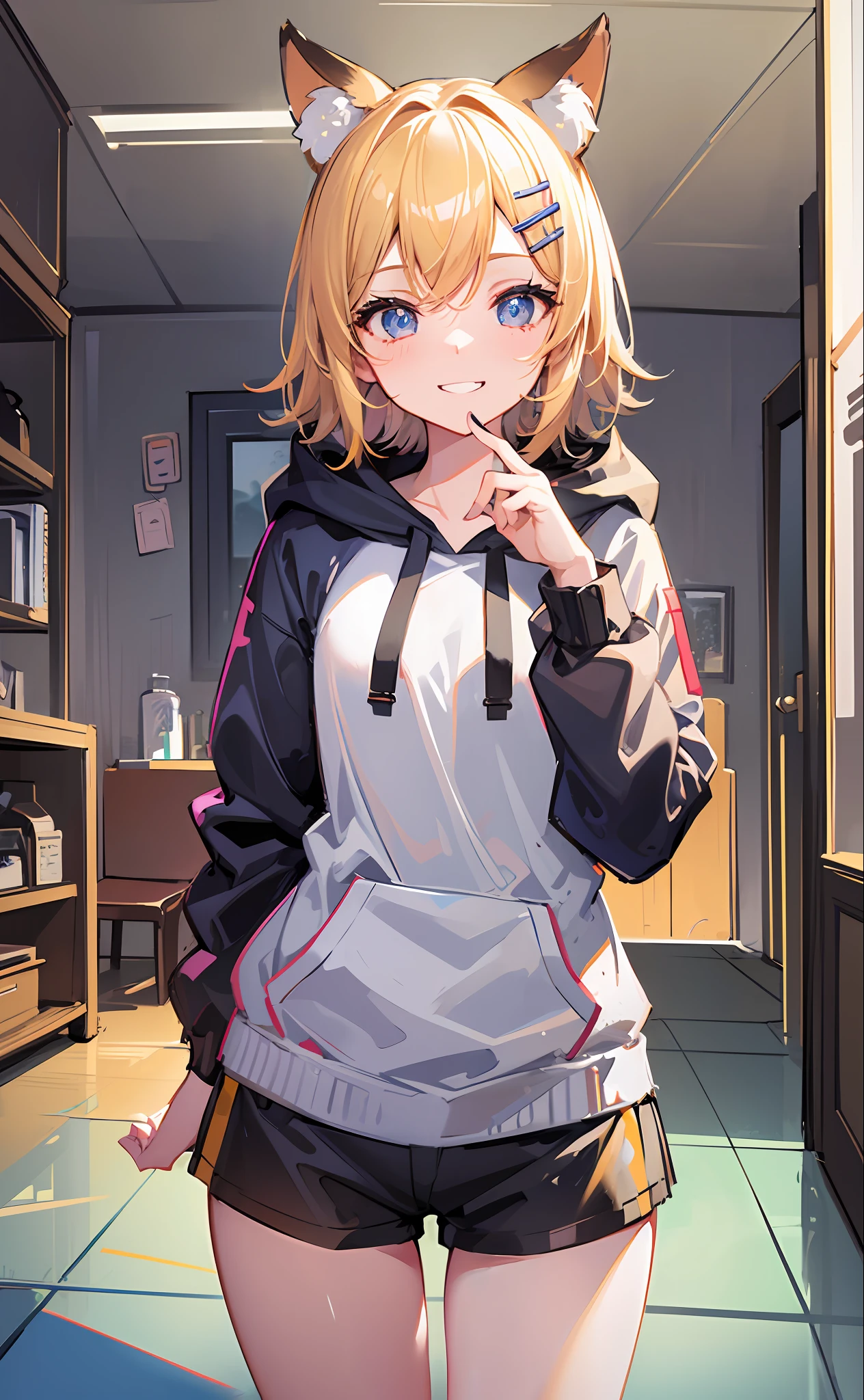 (Masterpiece), (Best Quality), (Illustration), (Ultra Detailed), (High Resolution), Perfect Anatomy, Absurdity, One Girl, (Kagamine_Rin), (Vocaloid), Short Hair, Hair Clips, Big Smile, (Blonde), Very Cute Girl, Small, Young, Delicate, Attention to Girl, Bedroom, Cute, She, Smile, Best Moment, , Blue Eyes, Bright Eyes, lively eyes, cute, standing, thighs, spoiled, innocent, love love, love viewer, clean skin, beautiful body, cute face, delicate arms, boyfriend gaze, lively eyes, neat, bare legs, dabo dabo hoodie, perfect hood, hoodie based on white, black shorts, beautiful girl, blue sky, full of energy, best girlfriend, happiness, cat ears, naughty mood, female brat, cheeky, Grinning, NSFW