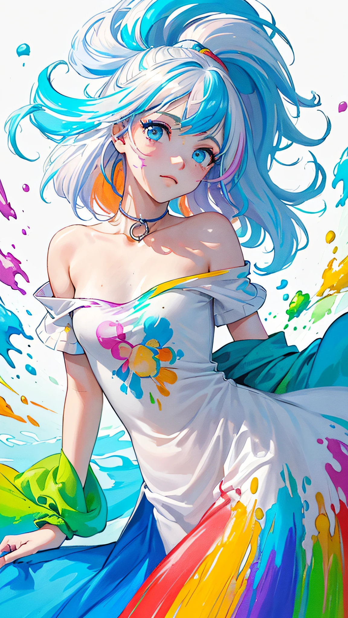 (Pink Fashion T-shirt:1.9),(Colorful hair: 1.8), (all the colours of the rainbow: 1.8),(((((vertical painting:1.6))), (painting:1.6),front, comics, illustrations, paintings, large eyes, crystal clear eyes,( rainbow color gradient high ponytail:1.7), exquisite makeup, closed mouth,(Small Fresh: 1.5),(Wipe Chest: 1.6) ,long eyelashes, white off shoulder T-shirt, White Shoulder Shirt,looking at the audience, large watery eyes, (rainbow colored hair:1.6), color splash, (solo:1.8), color splash, color explosion, thick paint style, messy lines, ((shining)),(colorful), (colorful), (colorful), colorful, Thick Paint Style, (Splash) (Color Splash), Vertical Painting, Upper Body, Paint Splash, Acrylic Pigment, Gradient, Paint, Highest Image Quality, Highest Quality, Masterpiece, Solo, Depth of Field, Face Paint, colorful clothes, (Elegant: 1.2), gorgeous,long hair, wind, (Elegant: 1.3), (Petals: 1.4),(((masterpiece))),(((best quality))),((ultra-detailed)),(illustration),(dynamic angle),((floating)),(paint),((disheveled hair)),(solo),(1girl) , (((detailed anima face))),((beautiful detailed face)),collar,bare shoulders,white hair, ((colorful hair)),((streaked hair)),beautiful detailed eyes,(Gradient color eyes),(((colorful eyes))),(((colorful background))),(((high saturation))),(((surrounded by colorful splashes))),
