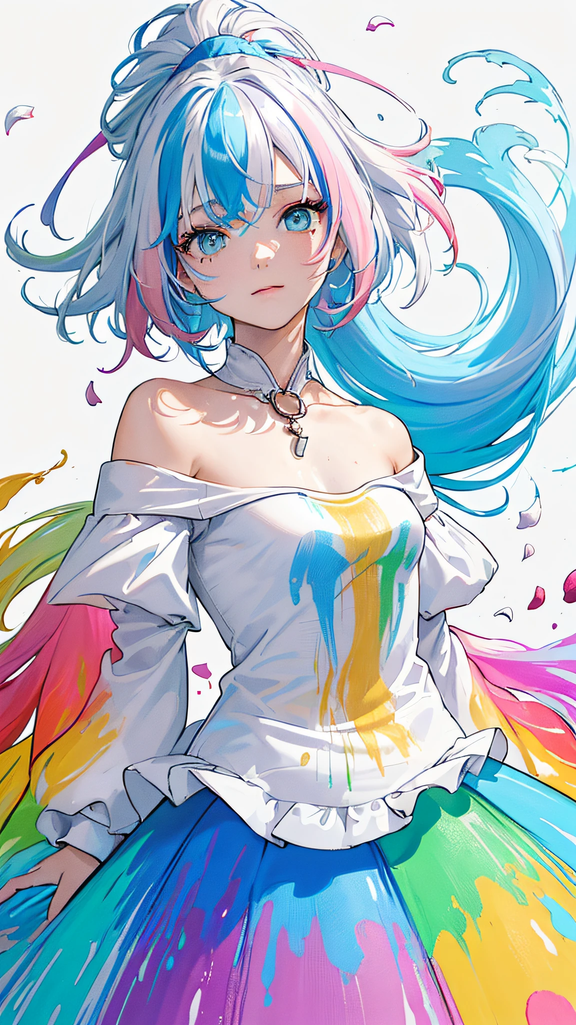 （Pink Fashion T-shirt：1.9），(Colorful hair: 1.8), (all the colours of the rainbow: 1.8),(((((vertical painting：1.6))), （painting：1.6），front, comics, illustrations, paintings, large eyes, crystal clear eyes,（ rainbow color gradient high ponytail：1.7）, exquisite makeup, closed mouth,(Small Fresh: 1.5),(Wipe Chest: 1.6) ，long eyelashes, white off shoulder T-shirt,  White Shoulder Shirt，looking at the audience, large watery eyes, (rainbow colored hair：1.6), color splash, （solo：1.8）, color splash, color explosion, thick paint style, messy lines, ((shining))，(colorful), (colorful), (colorful), colorful, Thick Paint Style, (Splash) (Color Splash), Vertical Painting, Upper Body, Paint Splash, Acrylic Pigment, Gradient, Paint, Highest Image Quality, Highest Quality, Masterpiece, Solo, Depth of Field, Face Paint,  colorful clothes, (Elegant: 1.2), gorgeous,long hair, wind, (Elegant: 1.3), (Petals: 1.4)，(((masterpiece))),(((best quality))),((ultra-detailed)),(illustration),(dynamic angle),((floating)),(paint),((disheveled hair)),(solo),(1girl) , (((detailed anima face))),((beautiful detailed face)),collar,bare shoulders,white hair, ((colorful hair)),((streaked hair)),beautiful detailed eyes,(Gradient color eyes),(((colorful eyes))),(((colorful background))),(((high saturation))),(((surrounded by colorful splashes))),