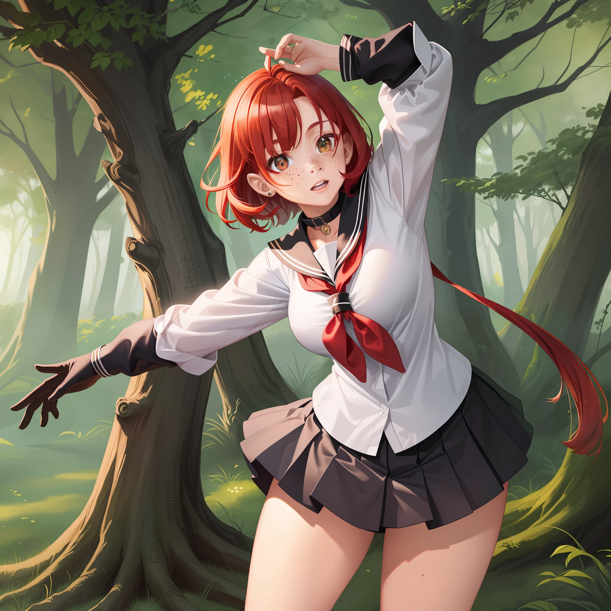1 Beautiful Girl, Best Quality (8K), Very Detailed Background, Dark Forest, Face ((Japan People) (Freckles) (Adults) (Quality Best Quality) (8K)), Perfect Body Line (8 Heads), Full Body (Standing), Natural Perm with Red Hair , Short Bob Hair, Big, Black High School Girl Sailor Suit, 18 Years Old, Combat Attack Pose