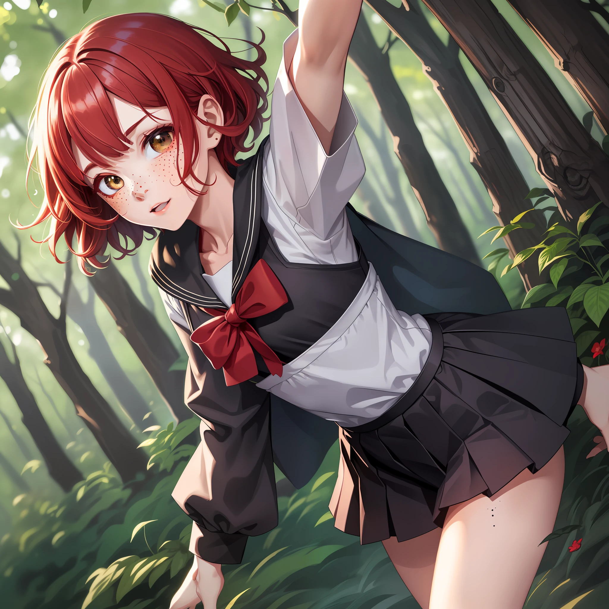 1 Beautiful Girl, Best Quality (8K), Very Detailed Background, Dark Forest, Face ((Japan People) (Freckles) (Adults) (Quality Best Quality) (8K)), Perfect Body Line (8 Heads), Full Body (Standing), Natural Perm with Red Hair , Short Bob Hair, Big, Black High School Girl Sailor Suit, 18 Years Old, Combat Attack Pose