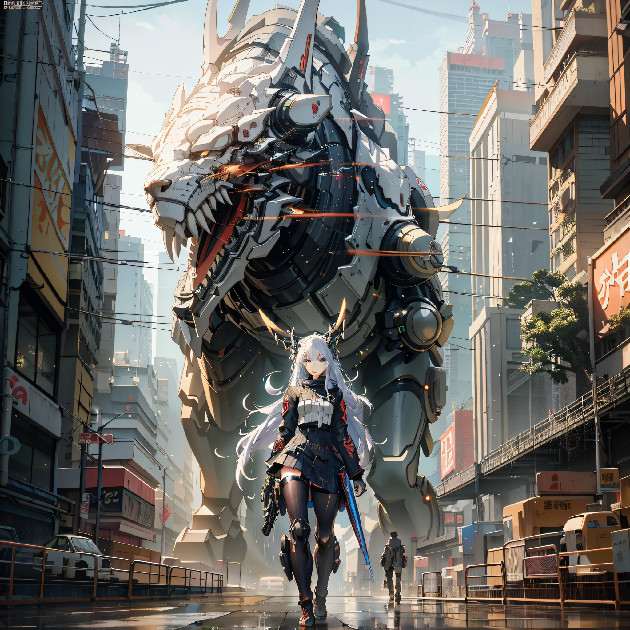 anime character walking in the rain with a giant monster in the background, digital cyberpunk anime art, 2. 5 d cgi anime fantasy artwork, best anime 4k konachan wallpaper, wojtek fus, krenz cushart and wenjun lin, digital cyberpunk - anime art, cyberpunk anime girl mech, badass anime 8 k