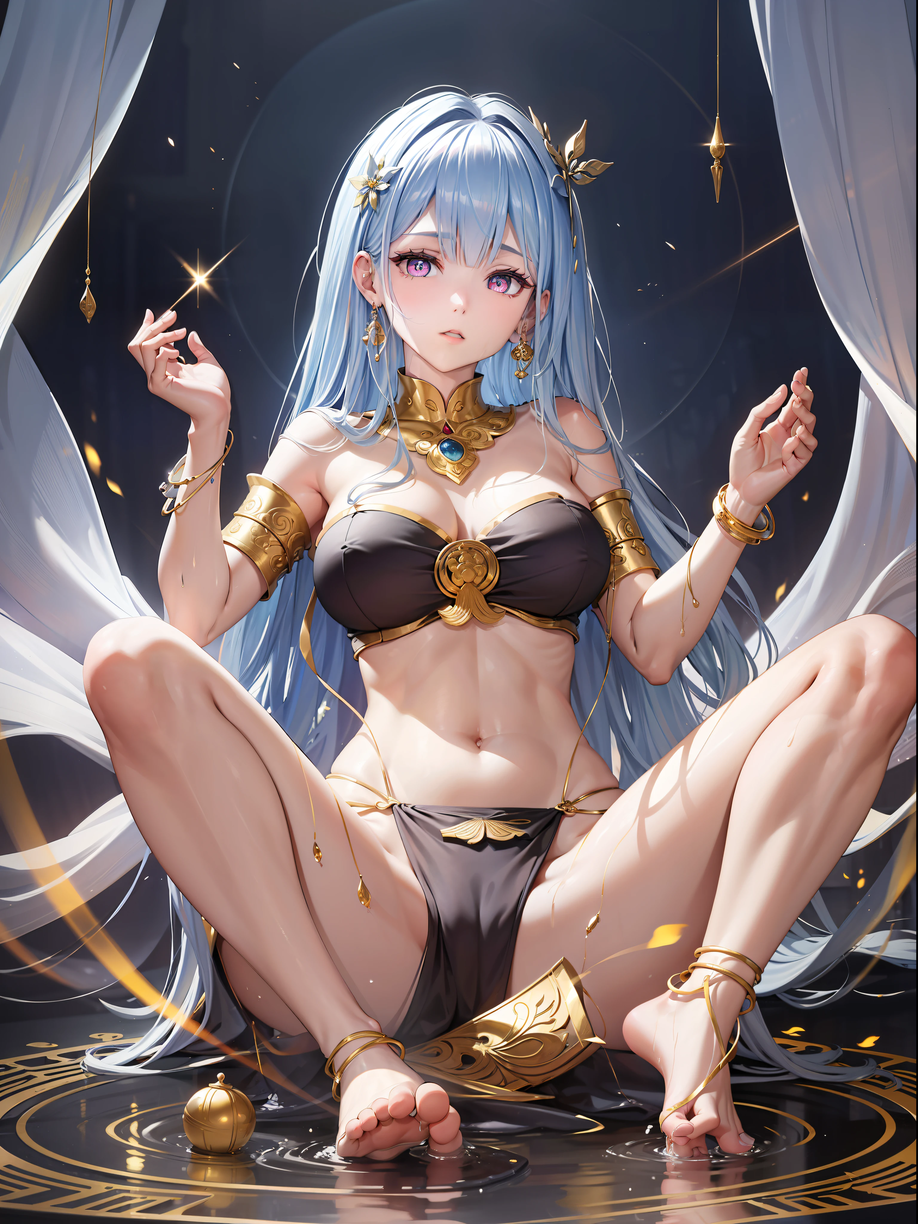 A masterpiece of a Buddhist bodhisattva girl, exquisite jewelry, delicate bracelet, delicate hair ornament, high on the top, aperture on the back, bodhisattva, fairy fluttering, looking up perspective, bare feet, golden bracelet on ankle, ancient Chinese costumes, gorgeous silk, flowing tulle, dazzling background, golden aperture behind, gold Falun behind, best light, best shadow, movie lighting, mystery, background pure black with ring aperture, ultra high definition, 8k, fair skin, Wolp_ style, duhuang_style, upper body close-up, detailed face, professional classical dance moves, man floating in the air, (sideways: 1.5), 28 years old, 1girl, well-dressed, super long clothes, black hole background, in a temple in Thailand, one leg on the ground, left hand doing Buddha hand on chest, other raised above the head to do Buddha hand, surreal, photo, realistic, surfacing from a clear pool, (wet: 2.0), (wet hair: 1.5), medium chest, 48KG weight, smooth skin, light blue pupils, detailed eye painting