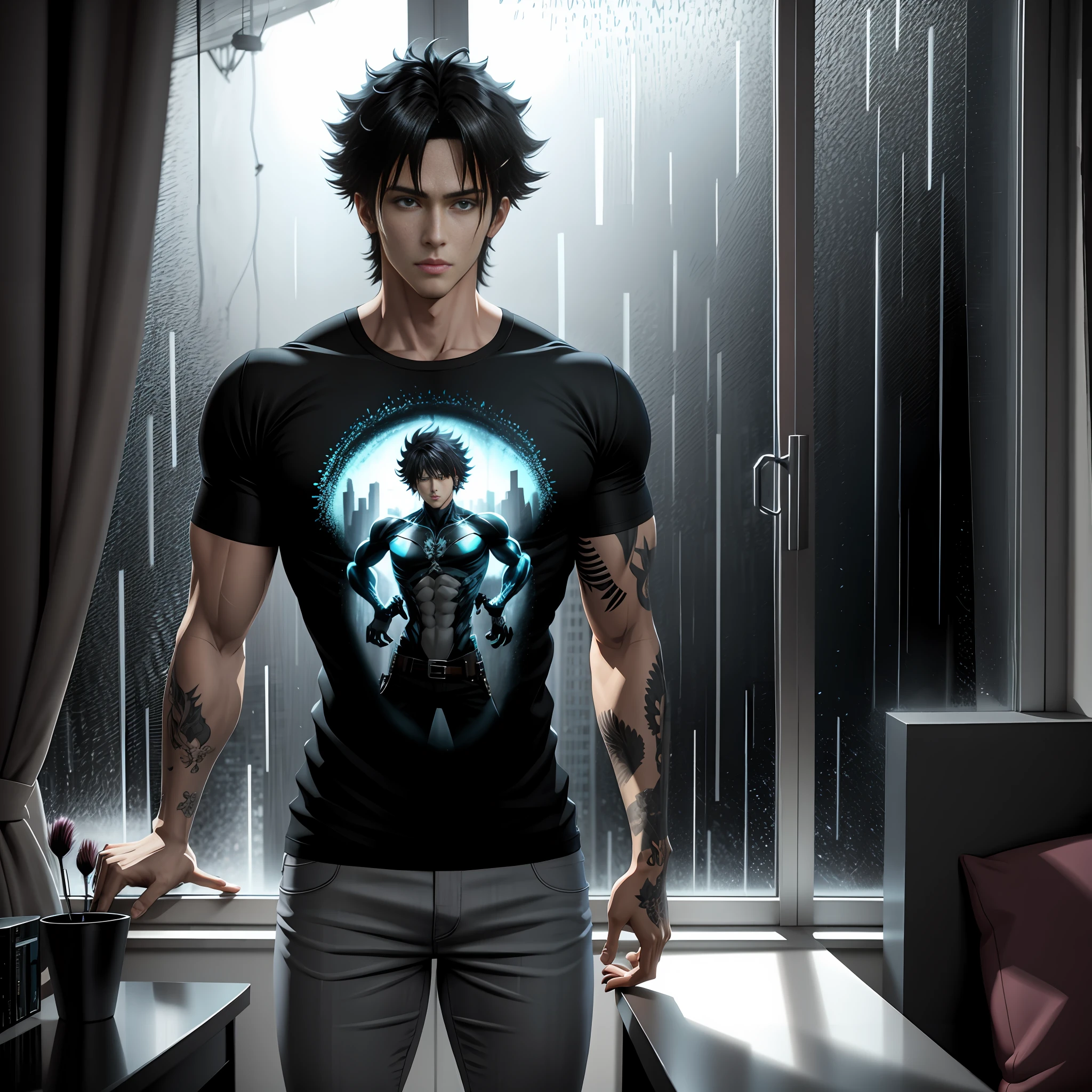 3D, urban room, rainstorm weather, 4K manga wallpaper, 4K anime wallpaper, anime concept HDR anime McManus, anime handsome guy, anime beauty, inspired by Masanobu Okumura, handsome guy in demon killer art, anime realism style, anime art wallpaper 4k, anime art wallpaper 4k dim light, Chinese man, t-shirt, leaning against the window, looking out the window with his back to the camera