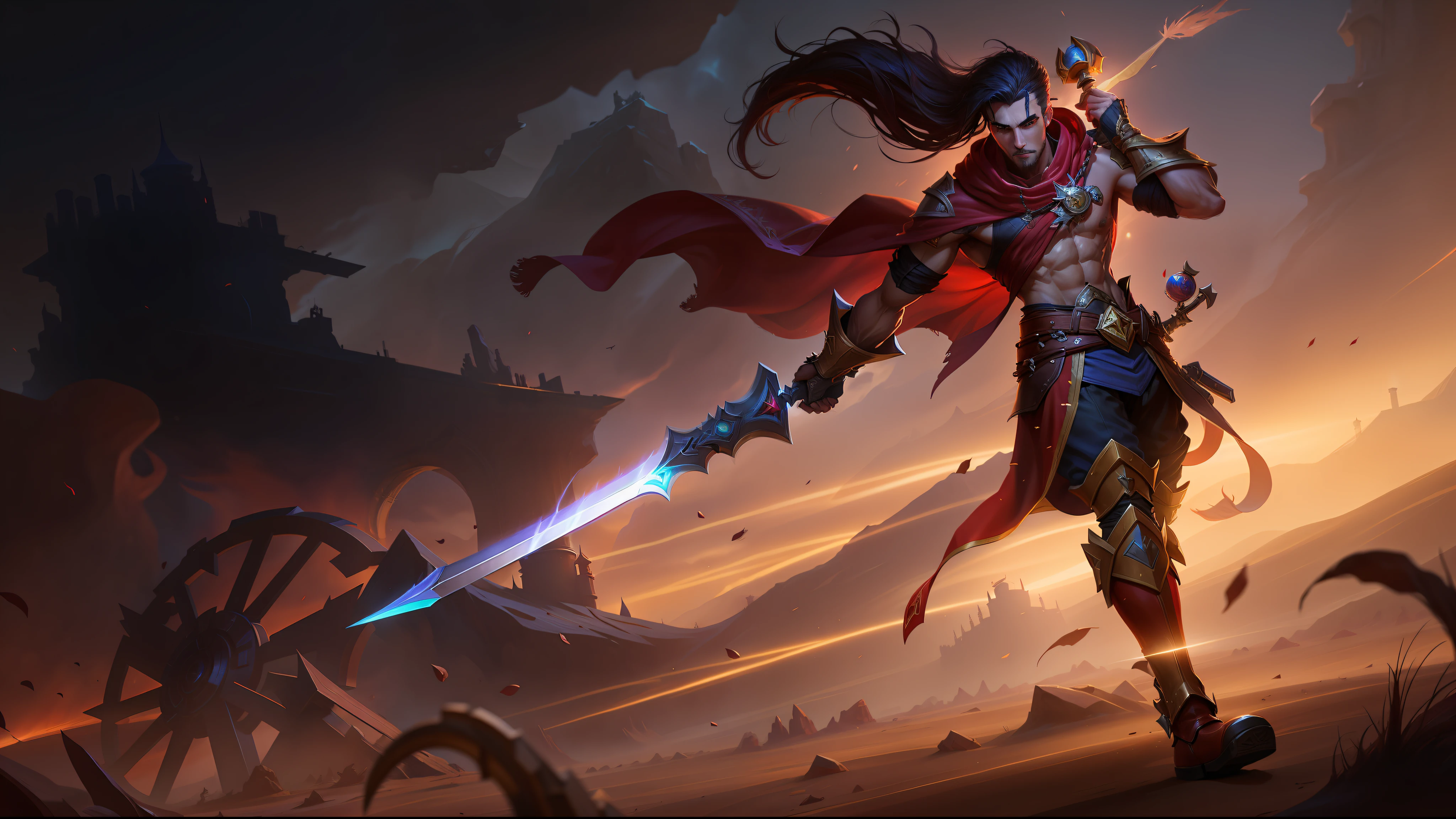 A man in red cloak holding a sword in the desert, League of Legends Splash Art, wallpaper splash art, promotional art, splash art, League of Legends splash art, official splash art, League of Legends characters, iconic character splash art, League of Legends art, League of Legends character art, League of Legends concept art, League of Legends style art, League of Legends style art