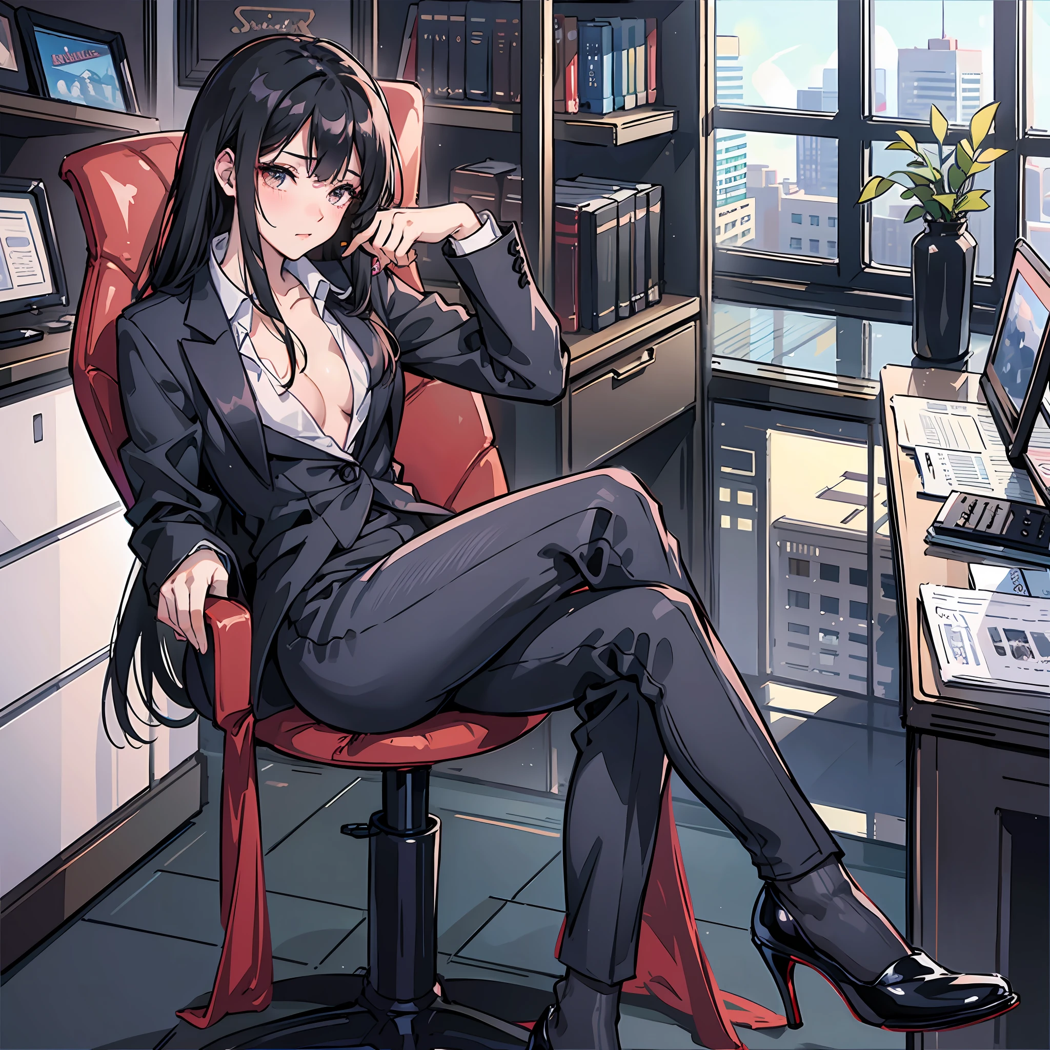 Deep V, professional attire, office, boss chair, high heels, black silk, long black hair, clothes untied, blushing, HD --auto --s2