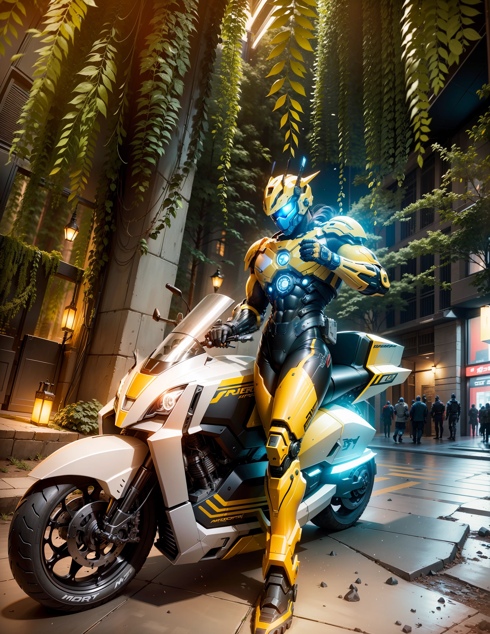 Cyber Male Warrior and Cyber Tech Mechanical Motorcycle, mighty Male Warrior One Handed Up, Nousr, Biomechanics, MSHN Robot Man, Cyber Tech Full Surround Helmet, Surreal, Steel, Intricate Design, Crazy Details, Fine Details, Extremely Clear Lines, Cinematic Lighting, Photo Realistic, Detailed Masterpiece