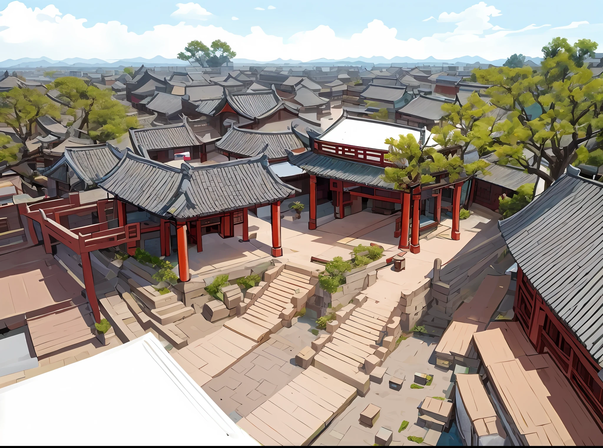aerial view of a courtyard with tables and chairs and a building, zhouzhuang ancient town, ancient chinese architecture, photo taken from above, chinese village, top - view, market setting, view from above, historical setting, viewed from bird's-eye, seen from above, tang dynasty palace, qiangshu, chinese architecture, by Ni Yuanlu