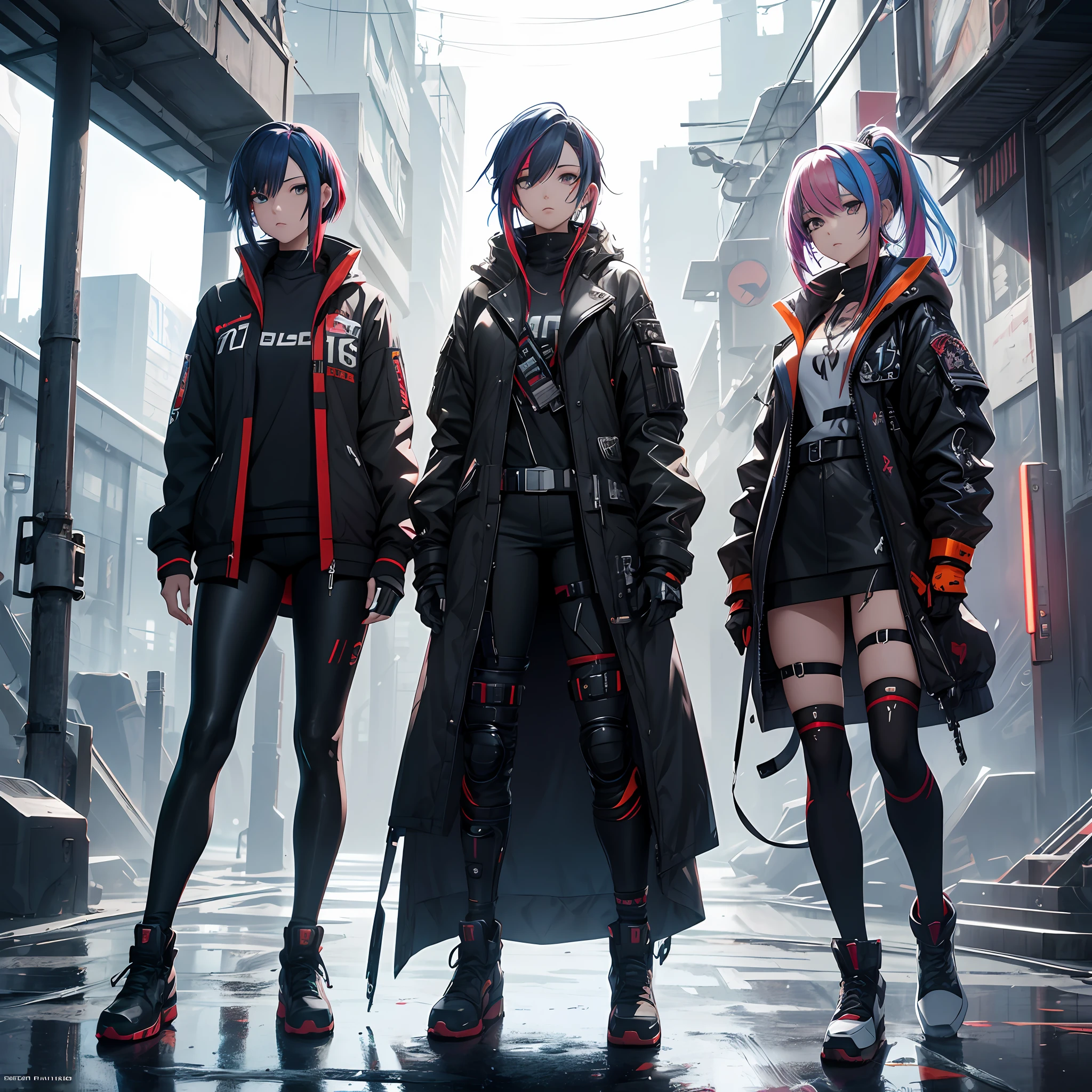 16K, HDR, RTX, ray tracing, best quality, masterpiece, ultra high quality, 3 girls, anime protagonist, tall, mature, cool, edgy, stylish cyberpunk outfit, multi colored hair, heroic drip, aesthetic, amazing, cool, beautiful, mesmerizing, alluring, ethereal, multicolored, highly detailed faces