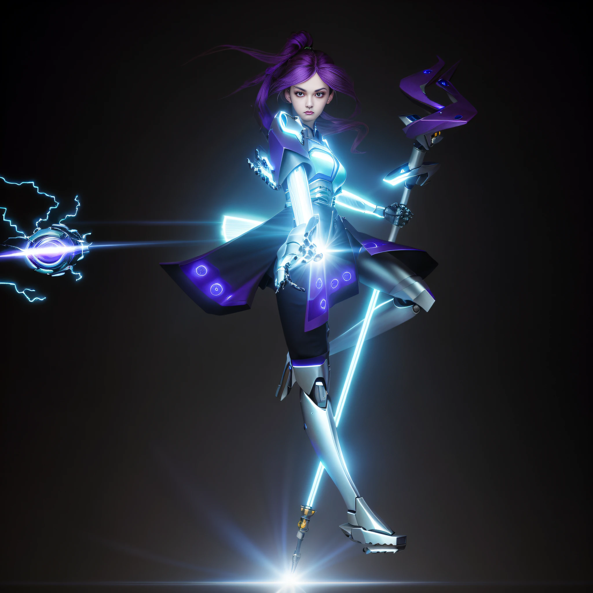 3d rendering, CGI, symmetry, octane rendering, 35mm, complex detail, HDR, complex detail, hyper-detailed, natural skin texture, surrealism, sharp, 1 girl, woman, portrait, looking at the audience, solo, detailed background, close up, purple eyes, colored hair, detailed face, dynamic pose, blue light, spark, electricity, explosion, movie atmosphere, mecha costume, robot, mechanical staff