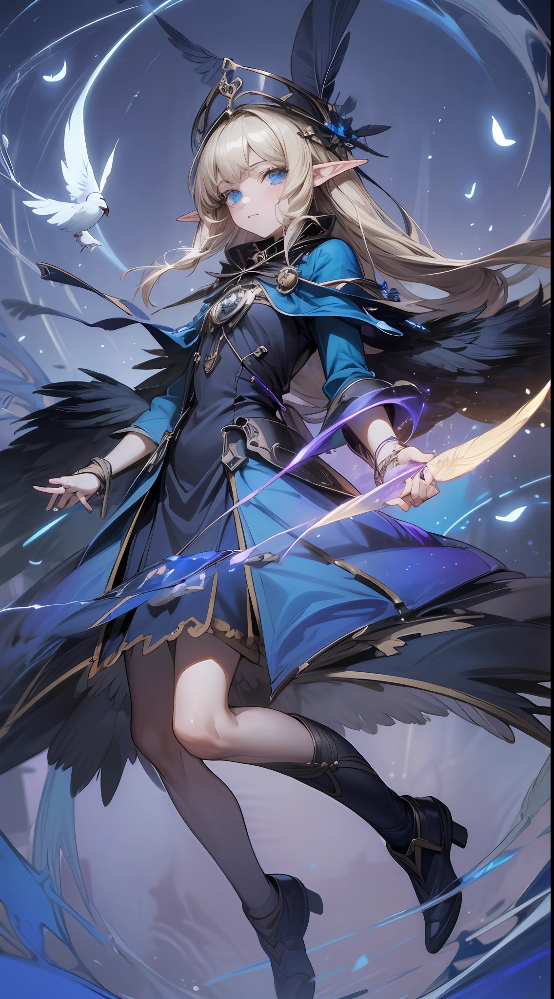 death, blood, night, darkness, (fantasy), infinity, deep blue sky, abyss of knowledge, knowledge, ((masterpiece)), (ultra-detailed))), ((beautiful and detailed eyes)), (eyelashes), (1 woman), full body drawing, anime style, design drawing, long hair, abyss eye, (bird body, feathers), rags, treachery, elf, ultra-fine CG unity 8k wallpaper, masterpiece, ((super detailed)), ((illustration)), dazzling, wallpaper, energy, unknown horror, arcane, magic peripheral, magic surrounding, magic wand, book pages, flying in the sky, knowing the future, predicting the future, understanding the past, infinite wisdom, blue flame, warlock, magic array, pentagram, spell, mantra, singing magic, --auto --s2