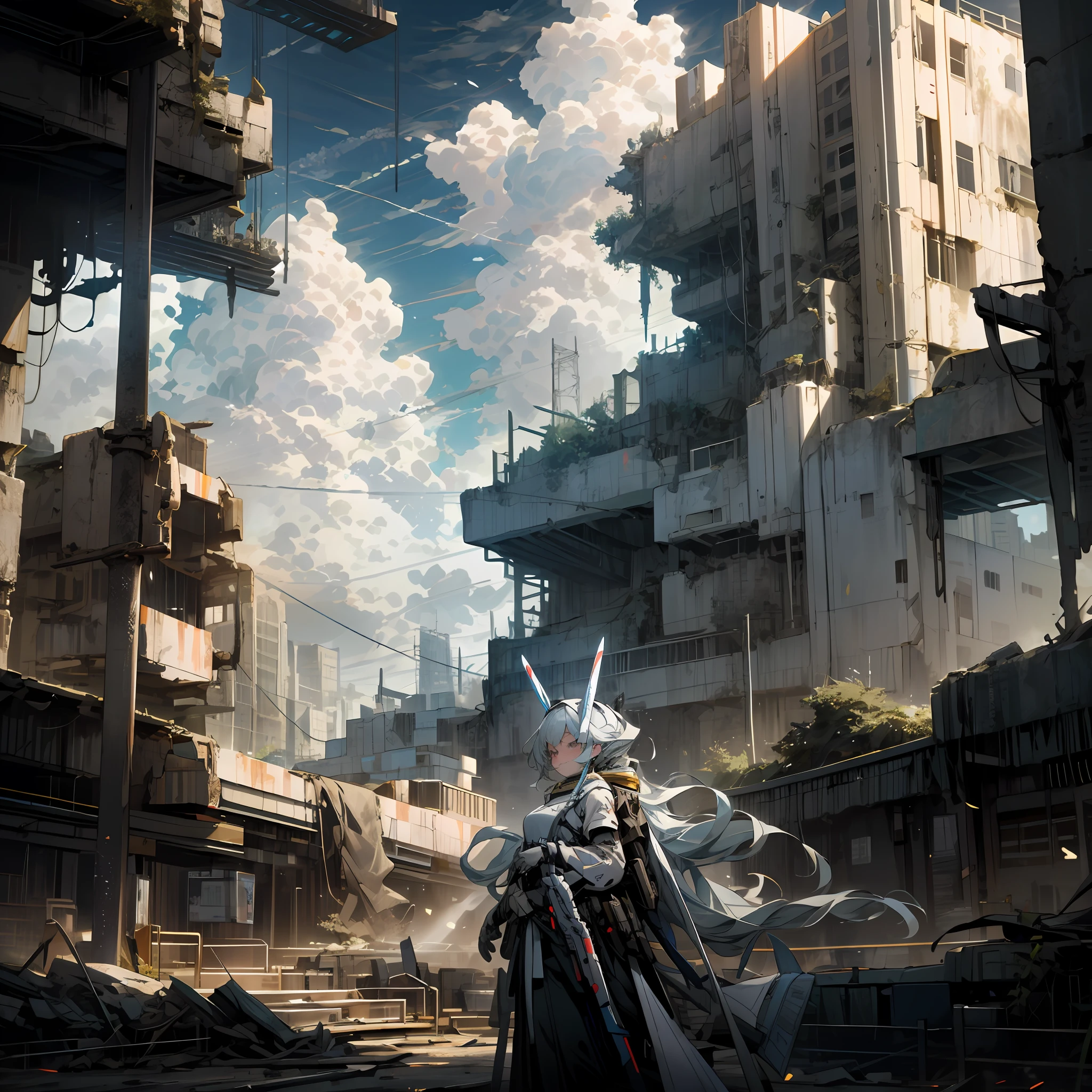 sky, clouds, holding_weapon, no_humans, glow, robot, super many buildings, science fiction, city, ancient, wide angle lens, war ruins, beautiful girl --v6