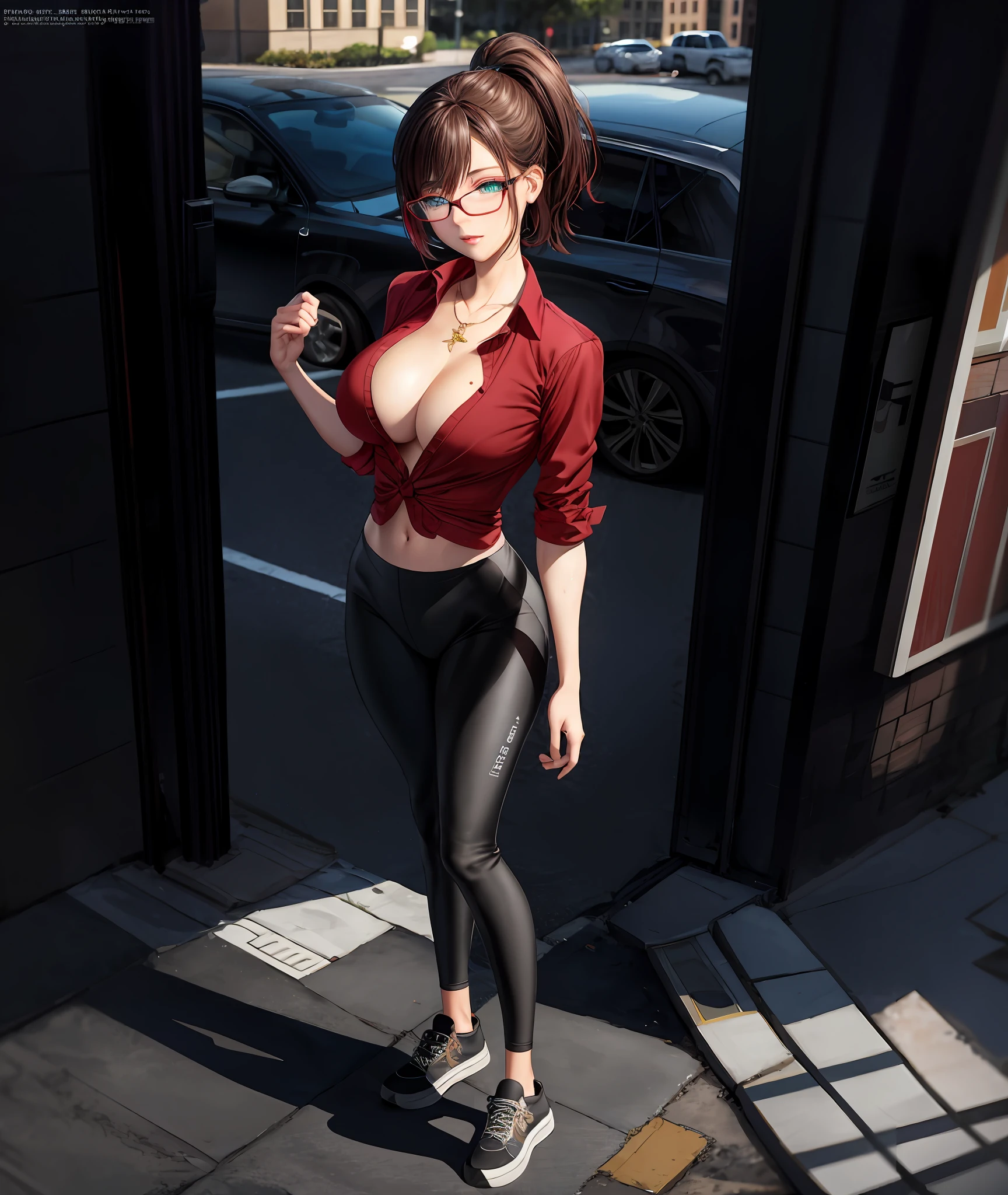 leggings, black vans sports shoes, red unbuttoned formal shirt, rolled up sleeves, lenses, large breasts, large breasts, short hair with ponytail, green eyes, nothing in the hands, on a simple background, empty hands, thin complexion, tender face, pretty face, very large breasts, stand, full body, thin, big butt, Random posture,1girl,seduce, beautiful breasts, lips, realistic, photo_\(medium\), solo, (masterpiece),(photorealistic:1.3), ultra-detailed, (high detailed skin:1.2),(best quality:1.0), (ultra highres:1.0), (ulzzang-6500:0.3), beautiful and clear eyes, delicate necklace,sunshine, (beautiful detailed makeup), (sexually aroused blushing heavy breathing:1.0), (soft glow bloom:0.5), mix4(hyperrealistic), (illustration), (high resolution), (8K), (extremely detailed), (best illustration), (beautiful detailed eyes), (best quality), (ultra-detailed), (masterpiece), (wallpaper), (detailed face), solo 1 girl, white wavy hair, korean, heterochromic eyes, small moles under the eyes, loose white shirt, yoga pants, big breasts, long legs, tight abs, camel toes, dynamic pose,black leggins, usando lentes