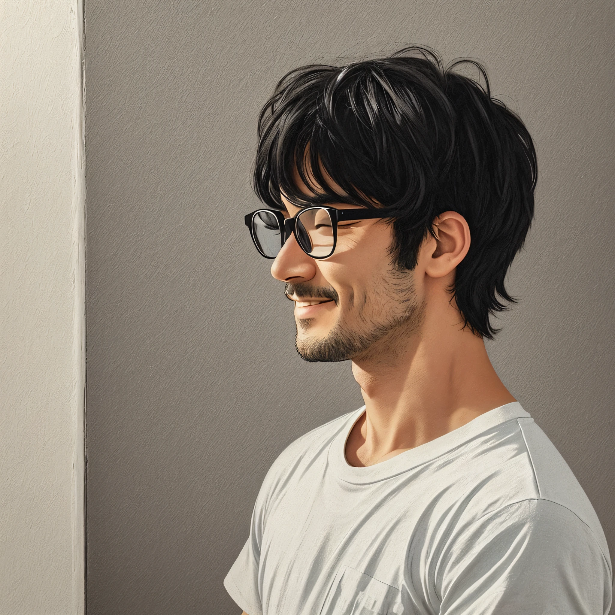 Original, man profile, glasses, black hair, uncle, small eyes, white T-shirt, bushy, sunny smile --s --auto --s2