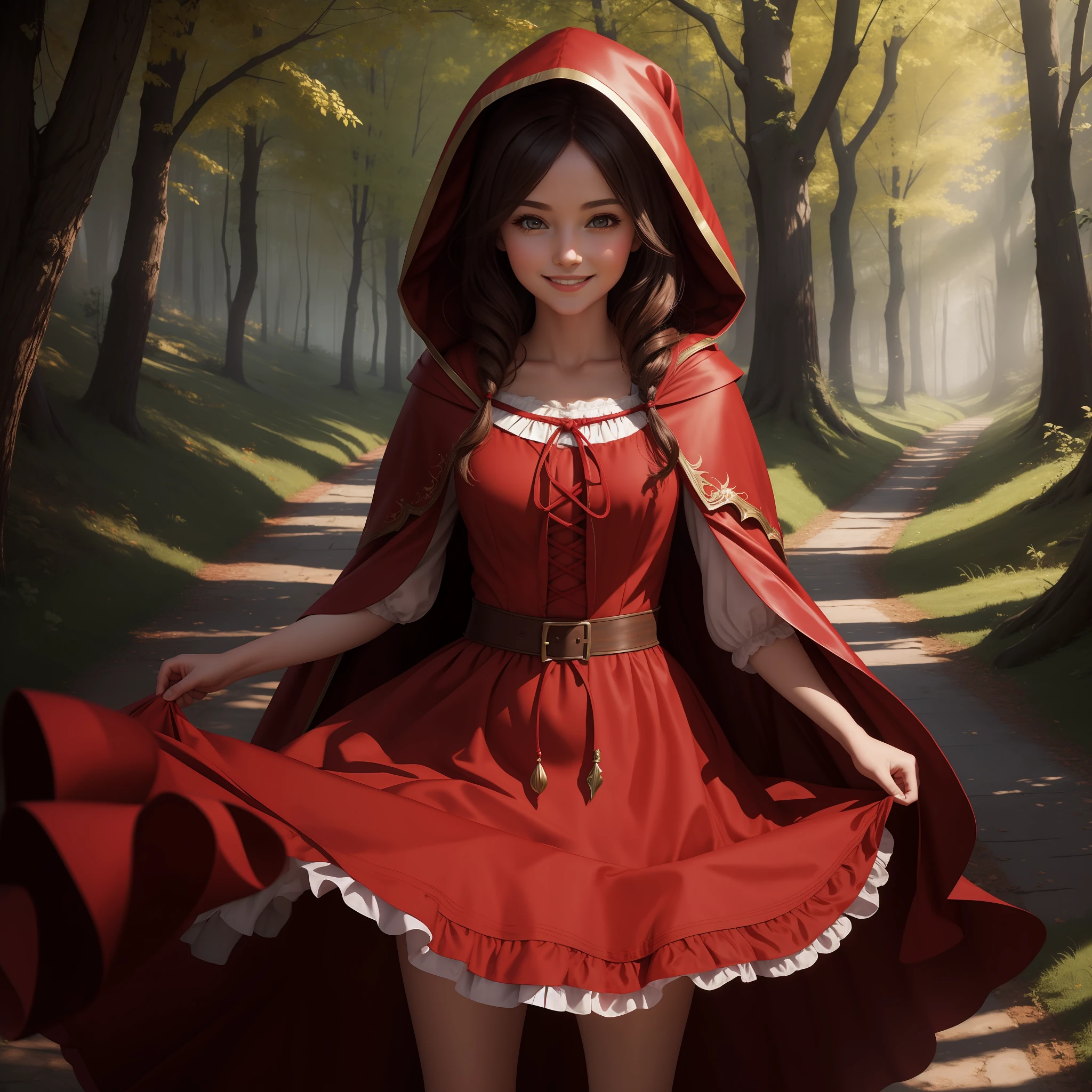 (Masterpiece) 8K resolution, Little Red Riding Hood, very pretty girl, kind smile, fantasy style,