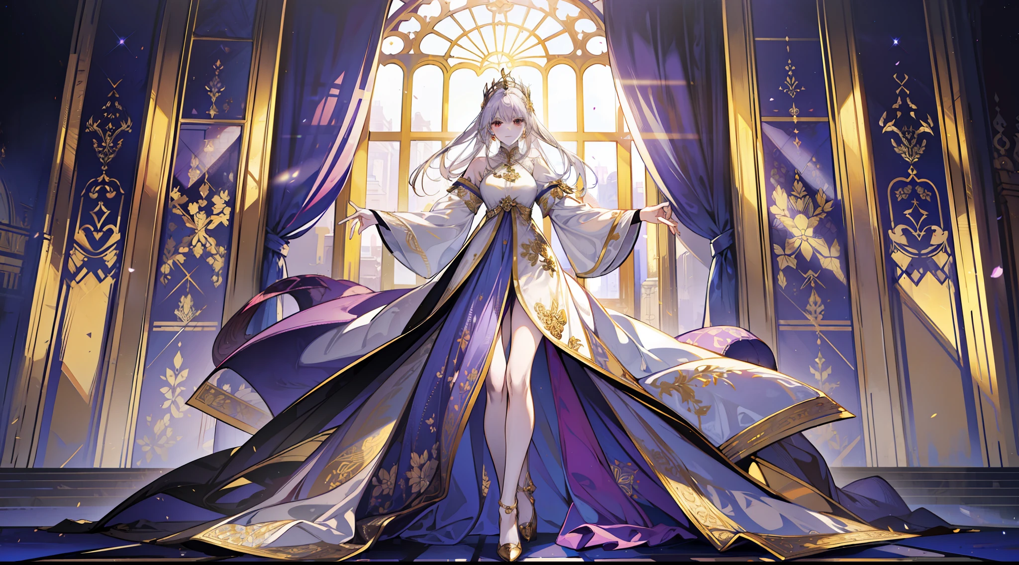 (absurd, high resolution), (panorama), full-body, a woman, mature, beautiful, tall, queen's dress, lilac complex dress, exquisite, brown eyes, pale blonde hair, silver crown on the head, smiling, in the palace, resplendent, magical, holding a very long golden delicate wand,