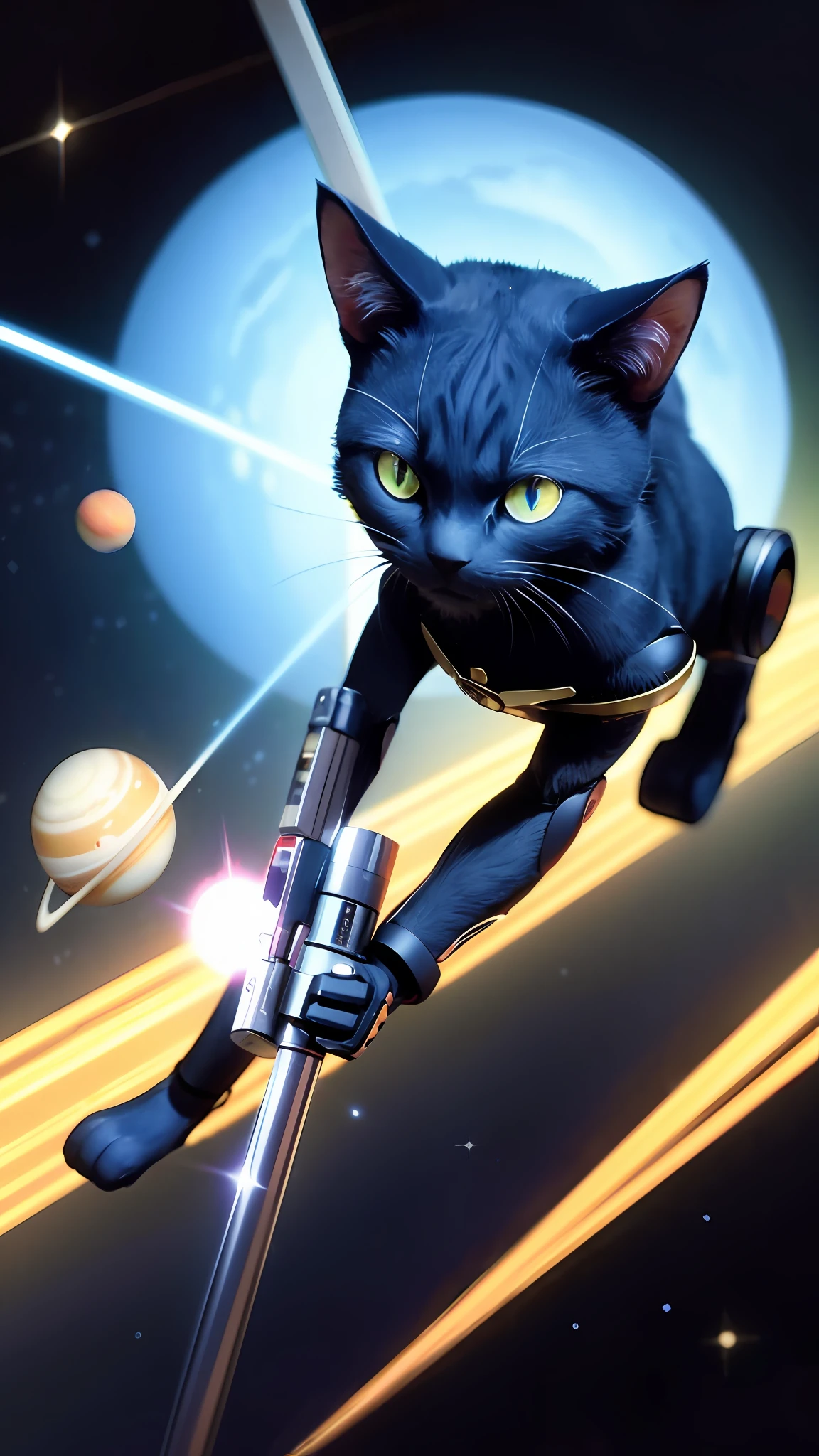 humanoid cat with robotic arm and blue laser eyes in space with Saturn planet view