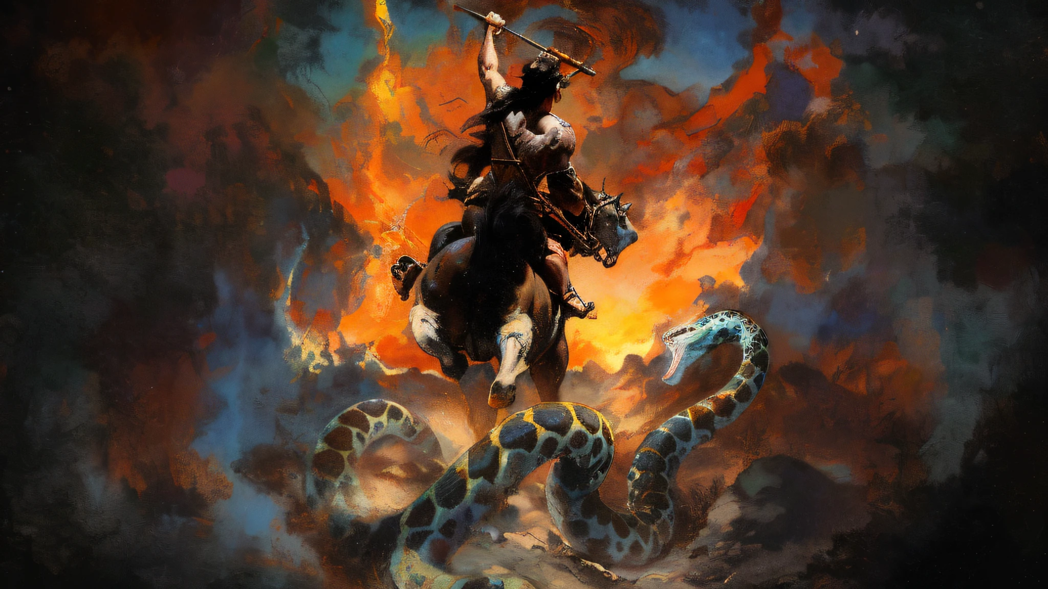 painting of a man riding a horse with a giant snake on his back, frank frazetta style painting, frank frazetta8k, frazetta, frank frazetta manga style, frank frazetta painting, franz frazetta, frank frazetta art, frank frazetta daarken, frank frazetta style, frazetta and vallejo, style of frazetta