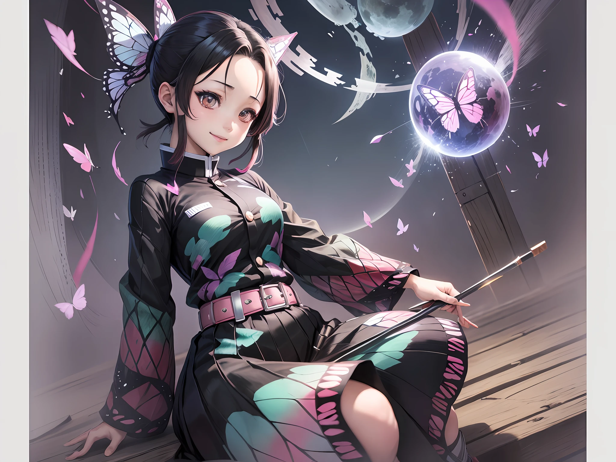 shinobu, Kimetsu no Yaiba manga, 1 girl, smile gently, play with butterflies, dynamic angle shot, ultra detailed, ((hyper realistic)), glittering, moon light, RAW photo,