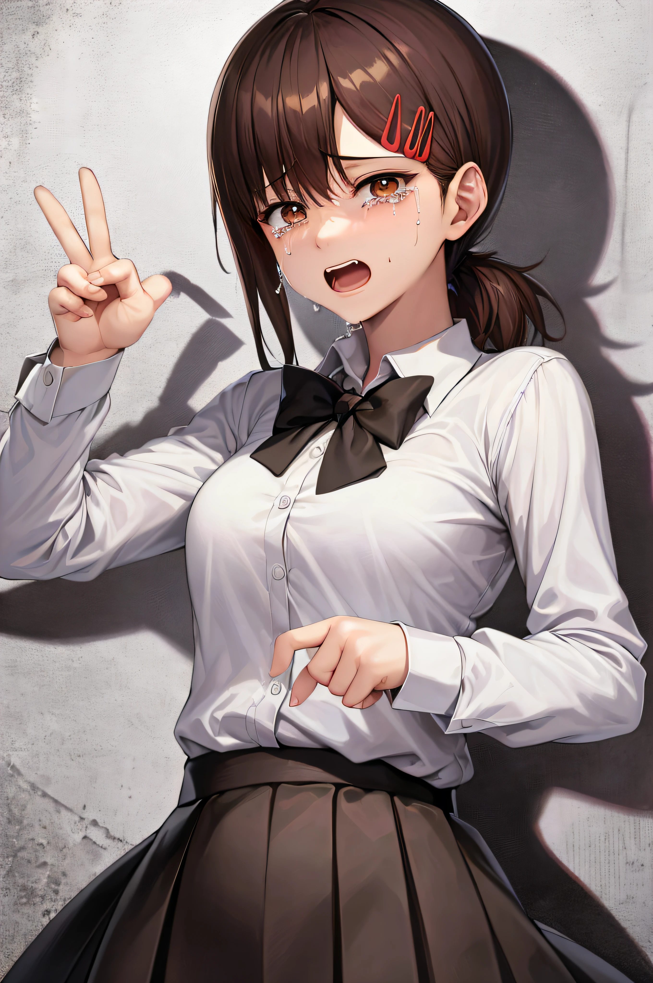 (SFW), (Masterpiece: 1.2), Best Quality, Masterpiece, High Resolution, Original, Highly Detailed Wallpaper, (Super Detailed), (Best Illustration), (Best Shadow), (Kobeni), Small, Perky Breasts, (White Collar Shirt), (Blood Stain: 1.1), (Scary: 1.2), (Black Tie), (Shirt Stain), (Dirty), One Girl, Watching the Viewer, (Scary: 1.2), (Tears: 1.1), (Brown Eyes), (Peace Sign), Torn Clothes