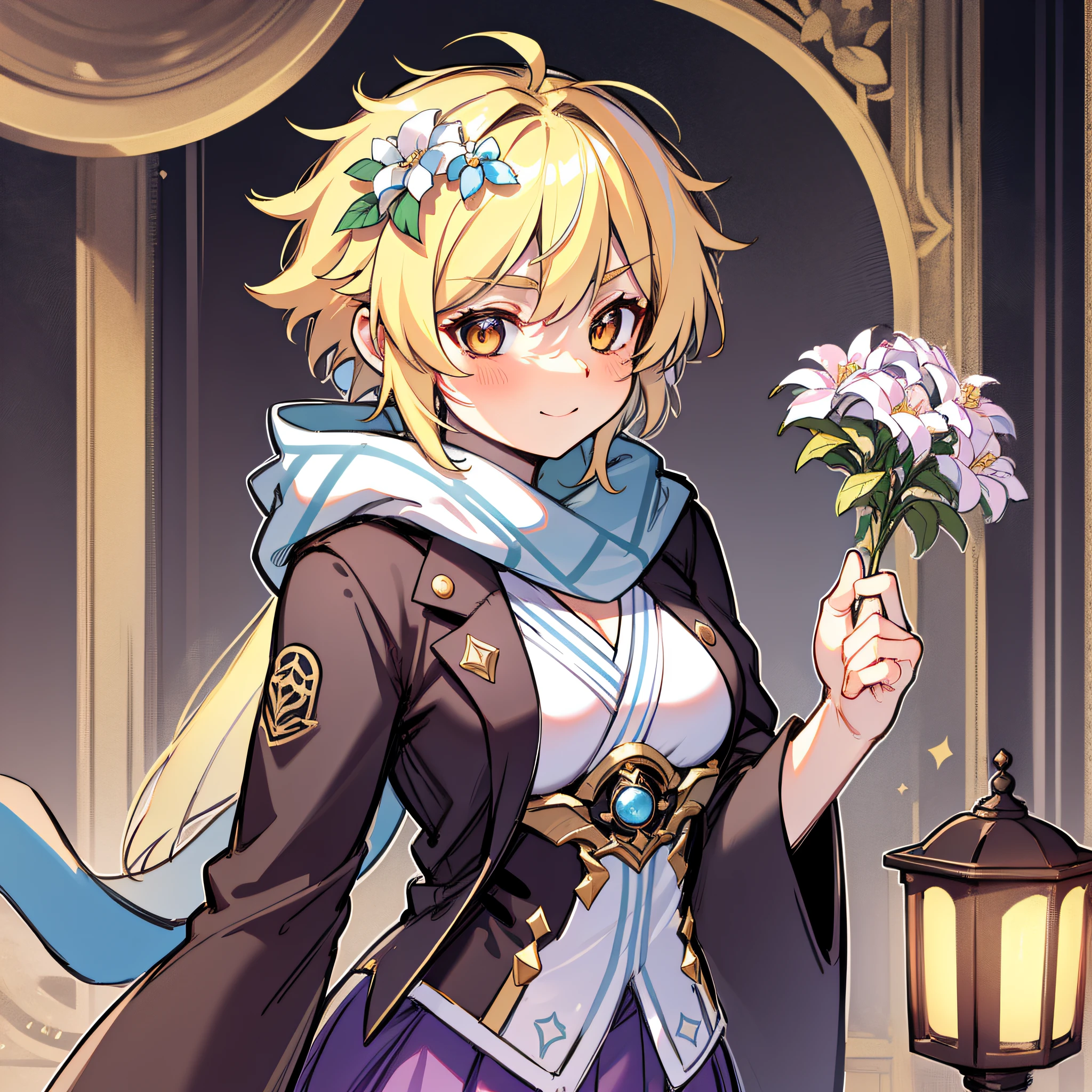 {{lumine (genshin impact)}}, {{{suit with short kimono with gear designs, short skirt, white scarf}}}, {overhead motorcycle goggles}, {{{looking at the viewer}}}, medium breasts, {1girl}, blonde hair, {{{flower}}}, golden eyes, {{smile}}, steampunk,