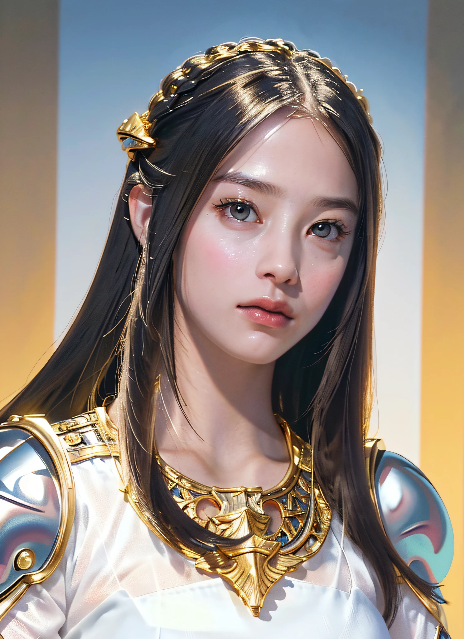 (Realistic, Portrait: 1.3), Intricate Details, Big, Sexy Swimsuit, (Ultrareal), (Illustration), (High Resolution), (8K), (Very Detailed), (Best Illustration), (Beautiful Detailed Eyes), (Best Quality), (Ultra Detailed), Intricate Detail Gemstones (Detailed Women's Armor: 2.3), (Gorgeous Gold Armor: 1.2), 1 Girl, Solo, Long Hair, Wind, Gorgeous Face, Top quality, masterpiece, maximum detail, diffused lighting, (black hair: 1.3), Valhalla Valkyrie, mechanical arm,