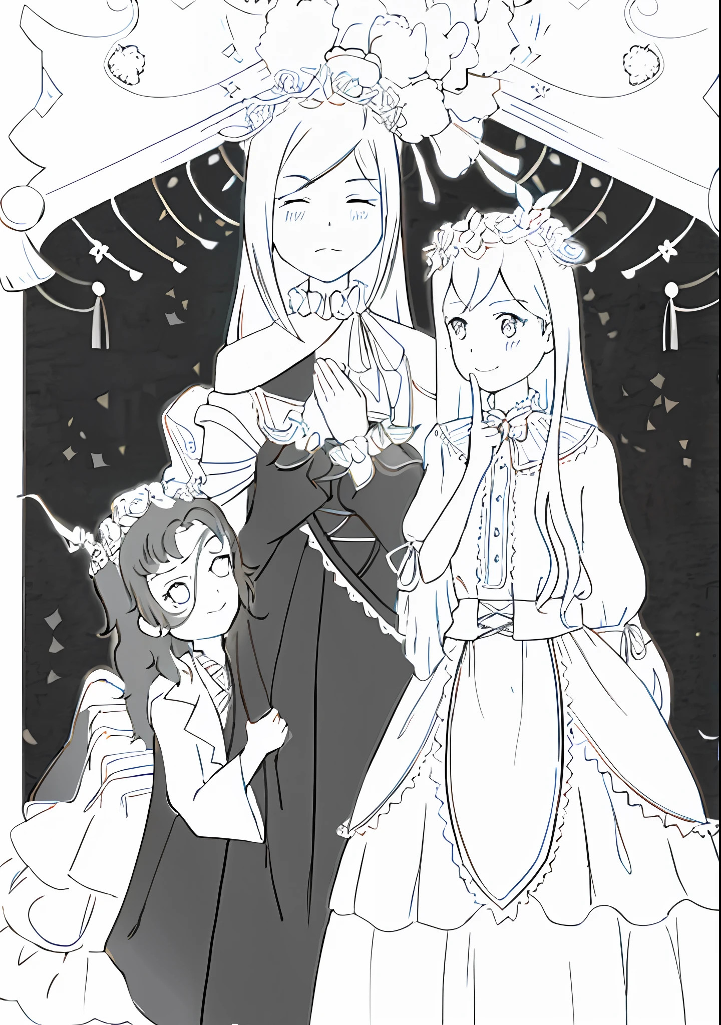 a drawing of two girls in dresses and tiables with flowers, line art!!, lineart, perfect lineart, thick lineart, variable lineart, clean anime outlines, clean lineart, bold lineart, simple lineart, extremely fine ink lineart, line sketch!!, thick black lineart, intense line art, line - art, outline sketch