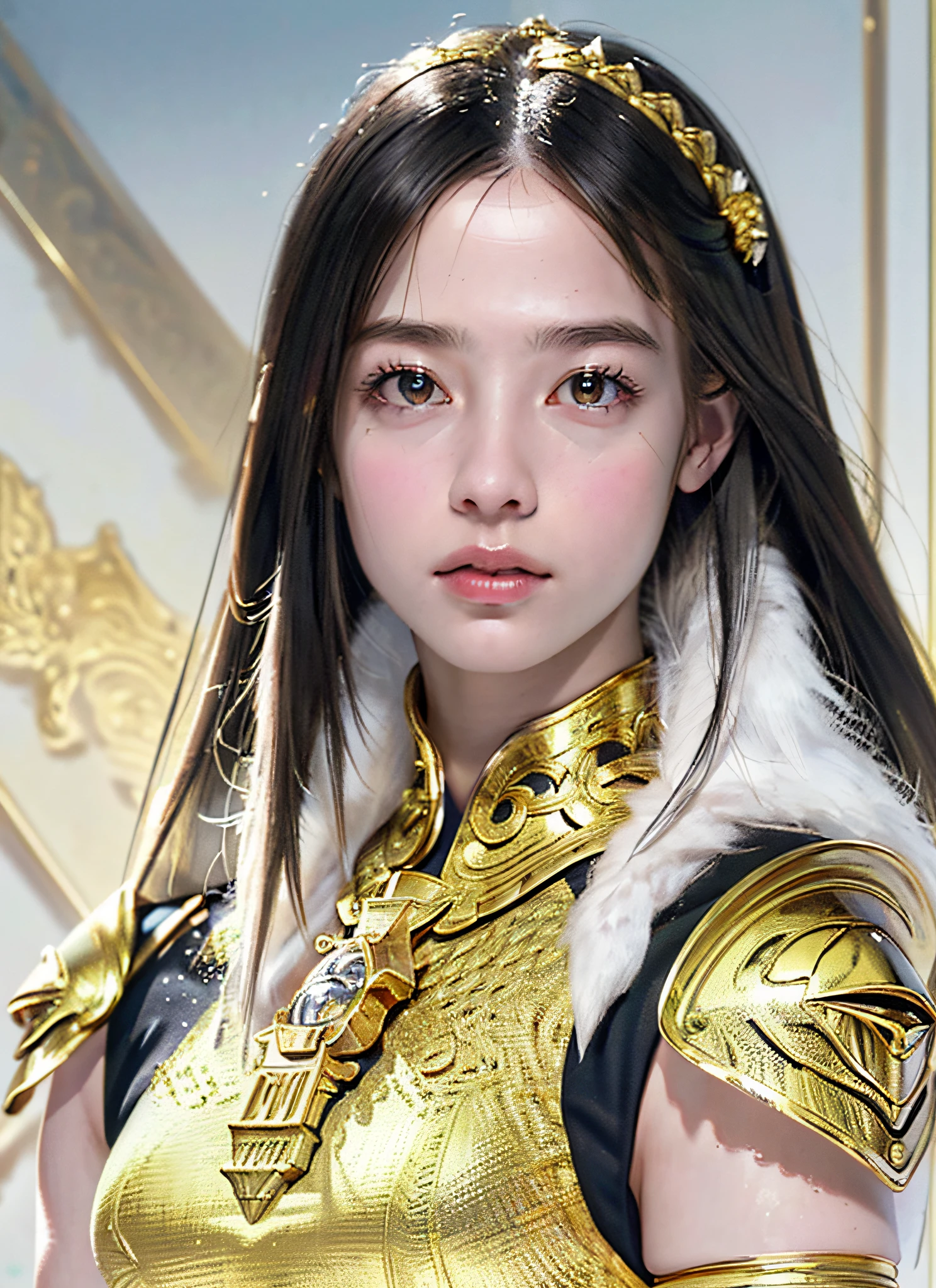 (Realistic, Portrait: 1.3), Intricate Details, Big, Sexy Swimsuit, (Ultrareal), (Illustration), (High Resolution), (8K), (Very Detailed), (Best Illustration), (Beautiful Detailed Eyes), (Best Quality), (Ultra Detailed), Intricate Detail Gemstones (Detailed Women's Armor: 2.3), (Gorgeous Gold Armor: 1.2), 1 Girl, Solo, Long Hair, Wind, Gorgeous Face, Top quality, masterpiece, maximum detail, diffused lighting, (black hair: 1.3), Valhalla Valkyrie, mechanical arm,