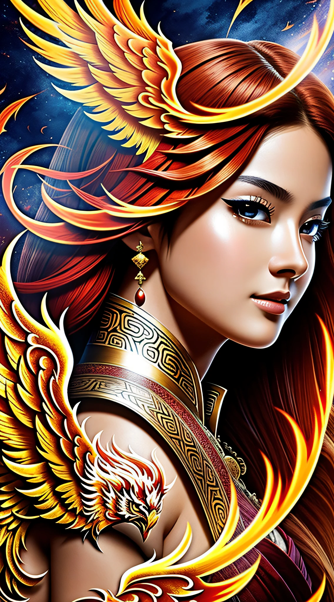 Highest image quality, ultra-high definition, masterpiece, a fiery red phoenix soaring with wings, Chinese style phoenix, extremely beautiful layered feathers, light and shadow, particle light, particle special effects, aesthetic romance, dreamy highest quality, ultra high definition, masterpiece, exquisite CG, face face exquisite details, rich picture layers, open mouth, clear outline, face close-up, beautiful, perfect details, best quality, highest image quality, high resolution, HD, 16k, 8k, UHD, HD, HD