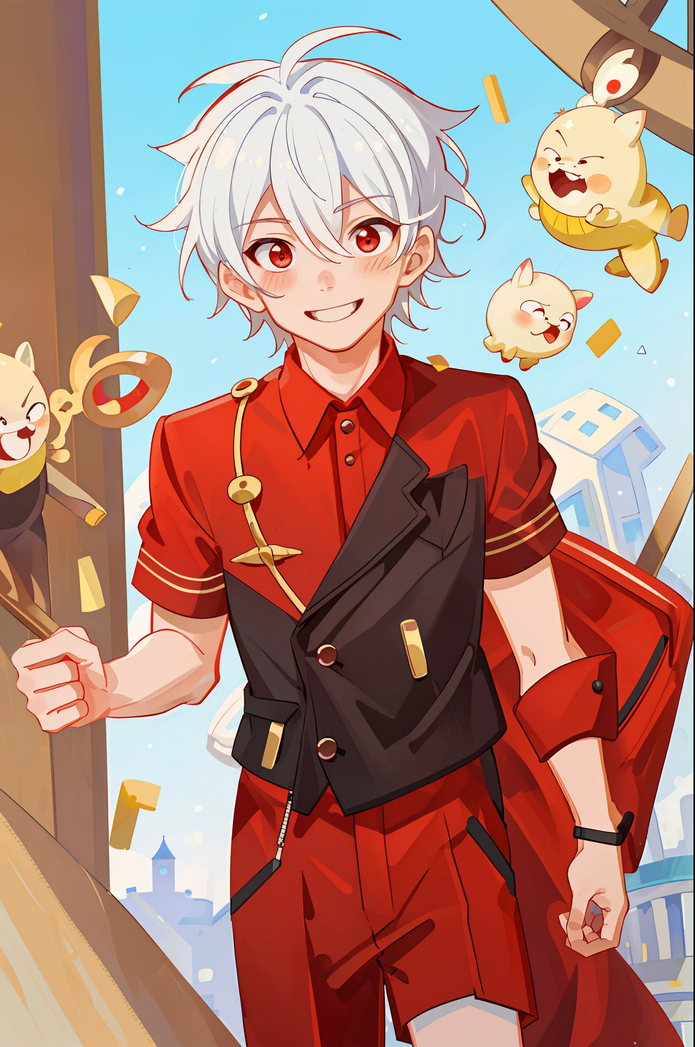 ((masterpiece)),(((best quality))), (high-quality, breathtaking),(expressive eyes, perfect face), 1boy, solo, male, short, young, small boy, short white hair, red eyes, smiling, blushing, cute top, short shorts, amusement park, sweet