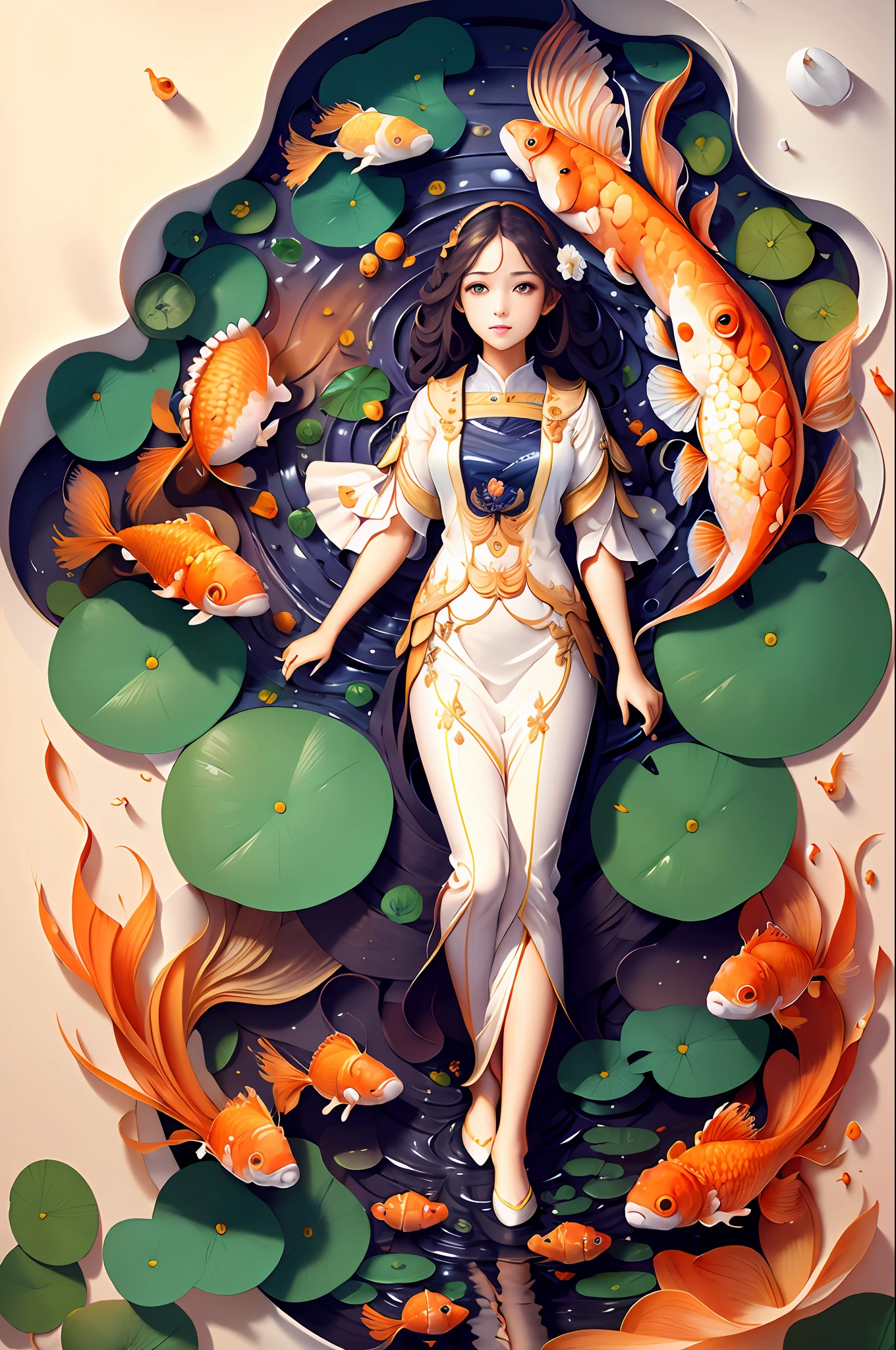 ((Masterpiece)), Best Quality, Illustration, Beautiful Details Glow, 1 Girl, Solo, Full Body, Colorful, White Cloth, (Water), Lotus, (Goldfish), Unified 8k Wallpaper, Detailed, Beautiful and Aesthetic, Very Detailed