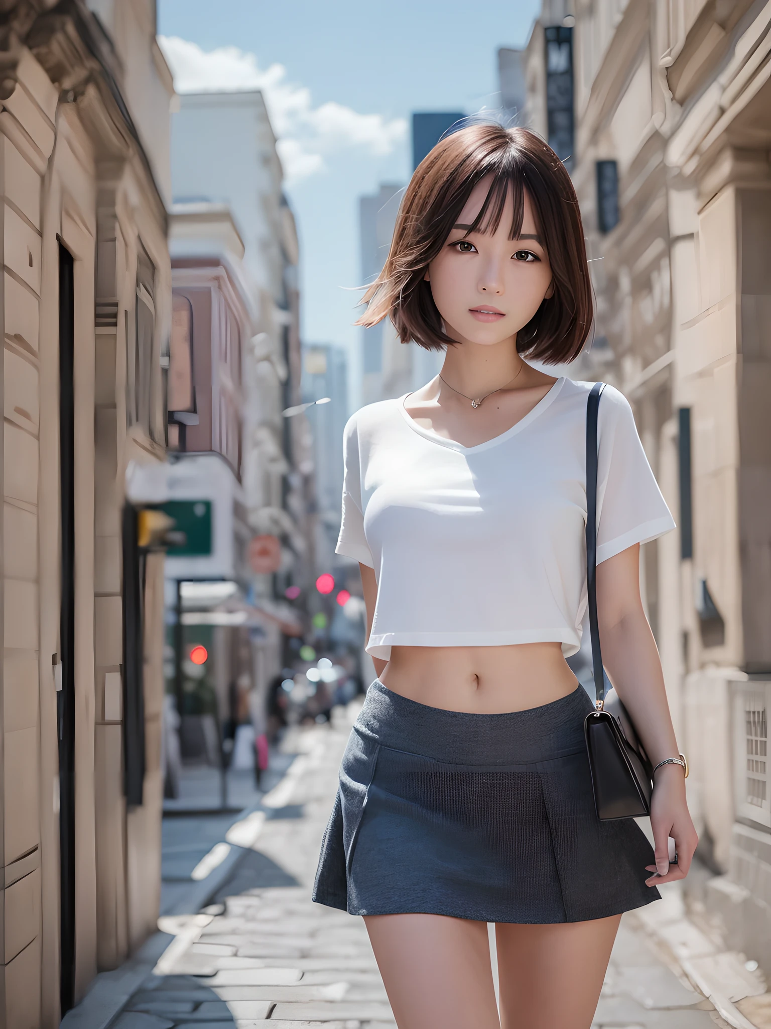 ((Best quality, 8k, Masterpiece: 1.3)), Sharp focus: 1.2, 1 aespa looks girl, beautiful face girl, cute face, age 24, small breasts, flat chest, short messy hair, walking, white casual see-through shirt, skirt, city, office, sunlight, dramatic angle, kindness, cinematic lighting, (8k, masterpiece, best quality, raw photo)