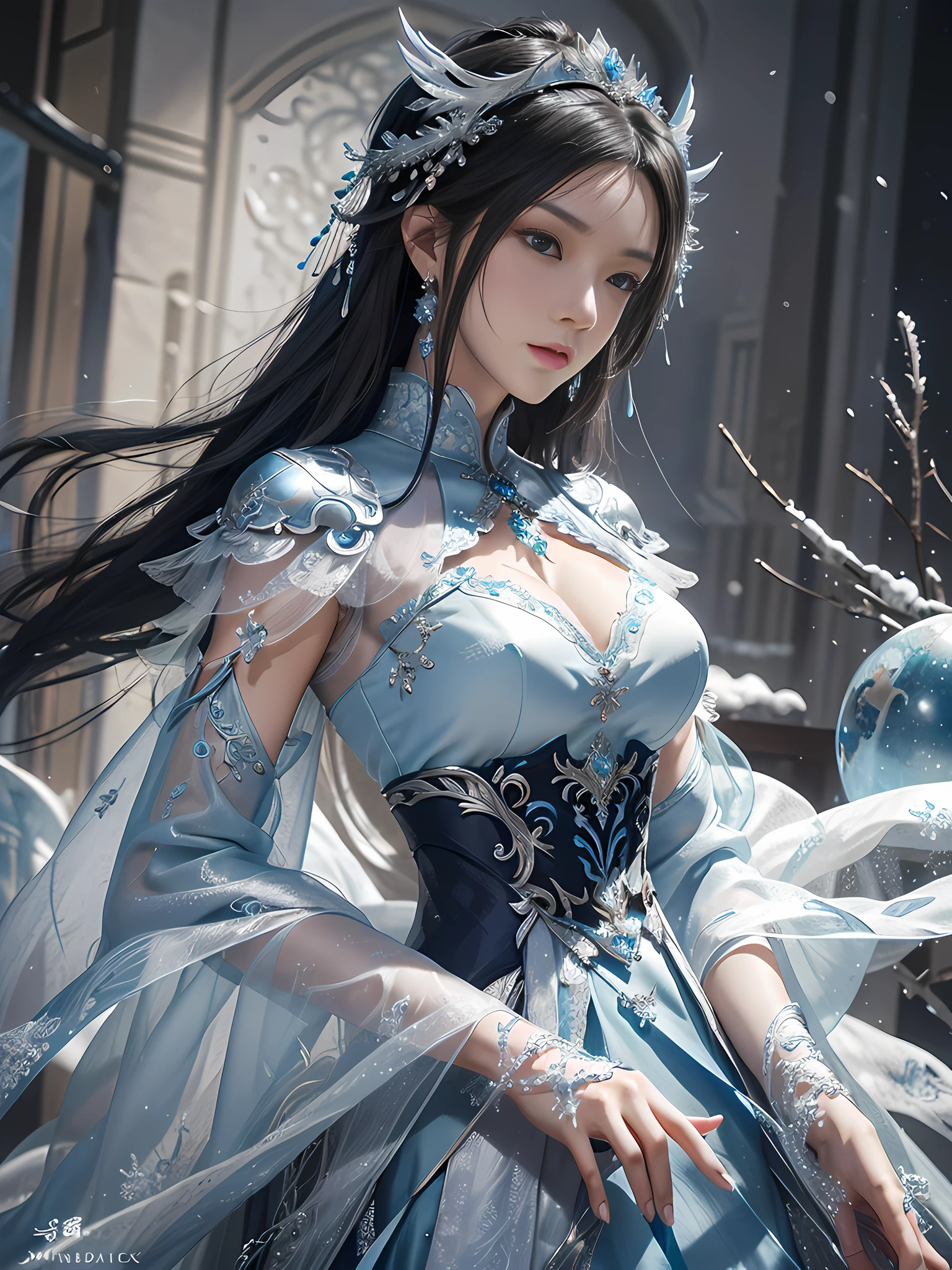 Close-up of a woman in a silver blue dress, Cheng Weipan Art Station, Xiuxian Technology Sense, Ice and Snow Beauty, Gauze Sleeves, Detailed Fantasy Art, Stunning Character Art, Epic Exquisite Character Art, Beautiful Complex Armor, Extremely Detailed Art Budding, Detailed Digital Animation Art, Art Station Pixiv on Artgerm, Armor Girl, Exquisite and Intricate Headdresses and Jewelry, Noble High-Tech Sense