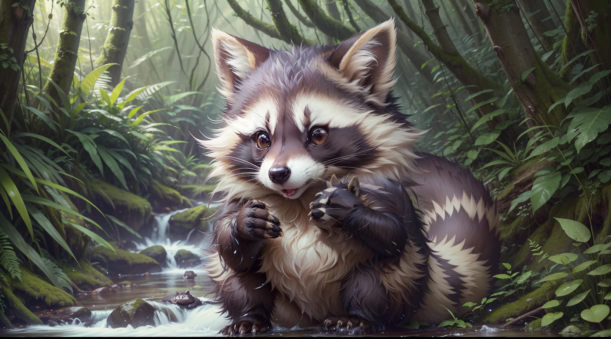 realistic style, masterpiece, best quality, 8k, ArtStation, sharp focus, ultra-realistic, high details, cute fuzzy raccoon with big shiny eyes washes the socks in the stream in the forest --auto --s2