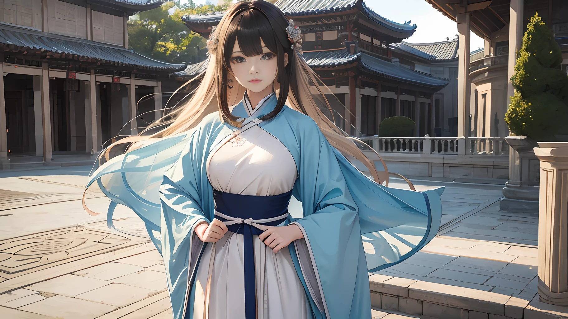 (Masterpiece, best quality), beautiful woman, Hanfu, asymmetric bangs, perfect face, beautiful face, gorgeous big eyes, soft smile, perfect slim figure, (outdoor), bright colors, palace, courtyard
