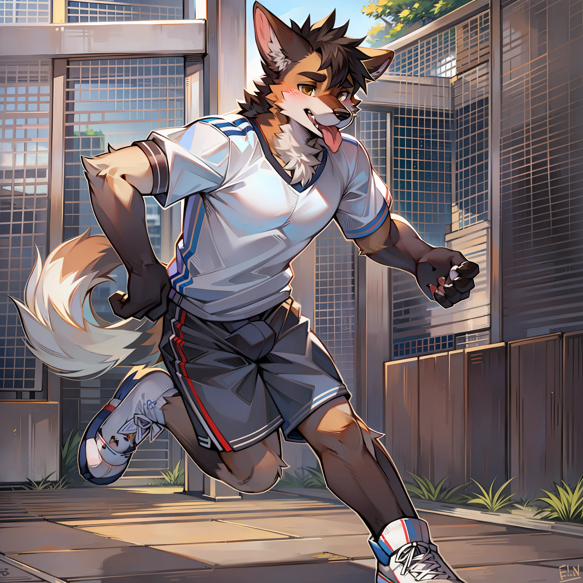 White socks, sports student, German Shepherd, sticking out his tongue
