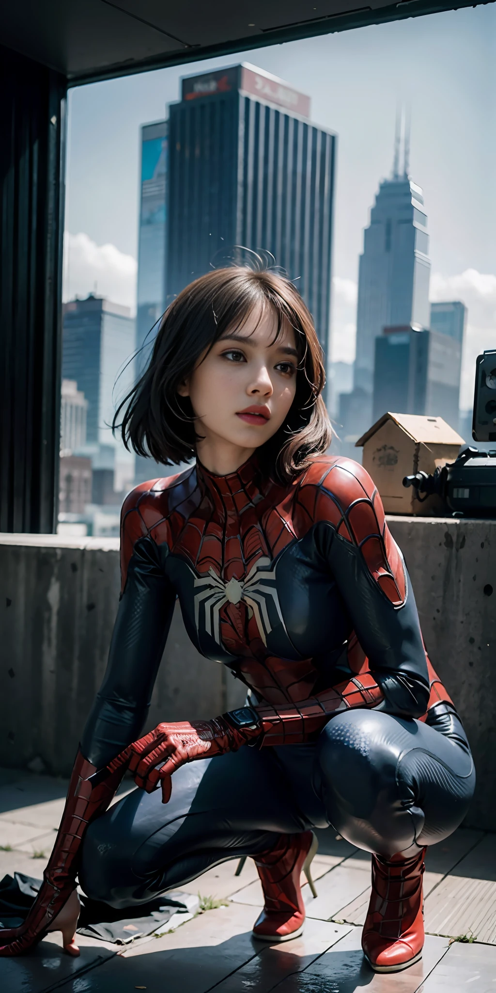 (1girl:1.3), solo,__body-parts__, official art, unity 8k wallpaper, ultra detailed, beautiful and aesthetic, beautiful, masterpiece, best quality, RAW, masterpiece, super fine photo,, best quality, super high Resolution, photorealistic, sunlight, full body portrait, stunningly beautiful,, dynamic pose, delicate face, vibrant eyes, (side view), she is wearing a futuristic spider Man suit mech, red and blue, Highly detailed abandoned warehouse background, detailed face, detailed complex busy background, messy, gorgeous, milky, high detailed skin, realistic skin details, visible pores, sharp focus, volumetric fog, 8k uhd, dslr camera, High quality, film grain, fair skin, photorealism, lomography, sprawling metropolis in a futuristic dystopia, view from below, translucent
